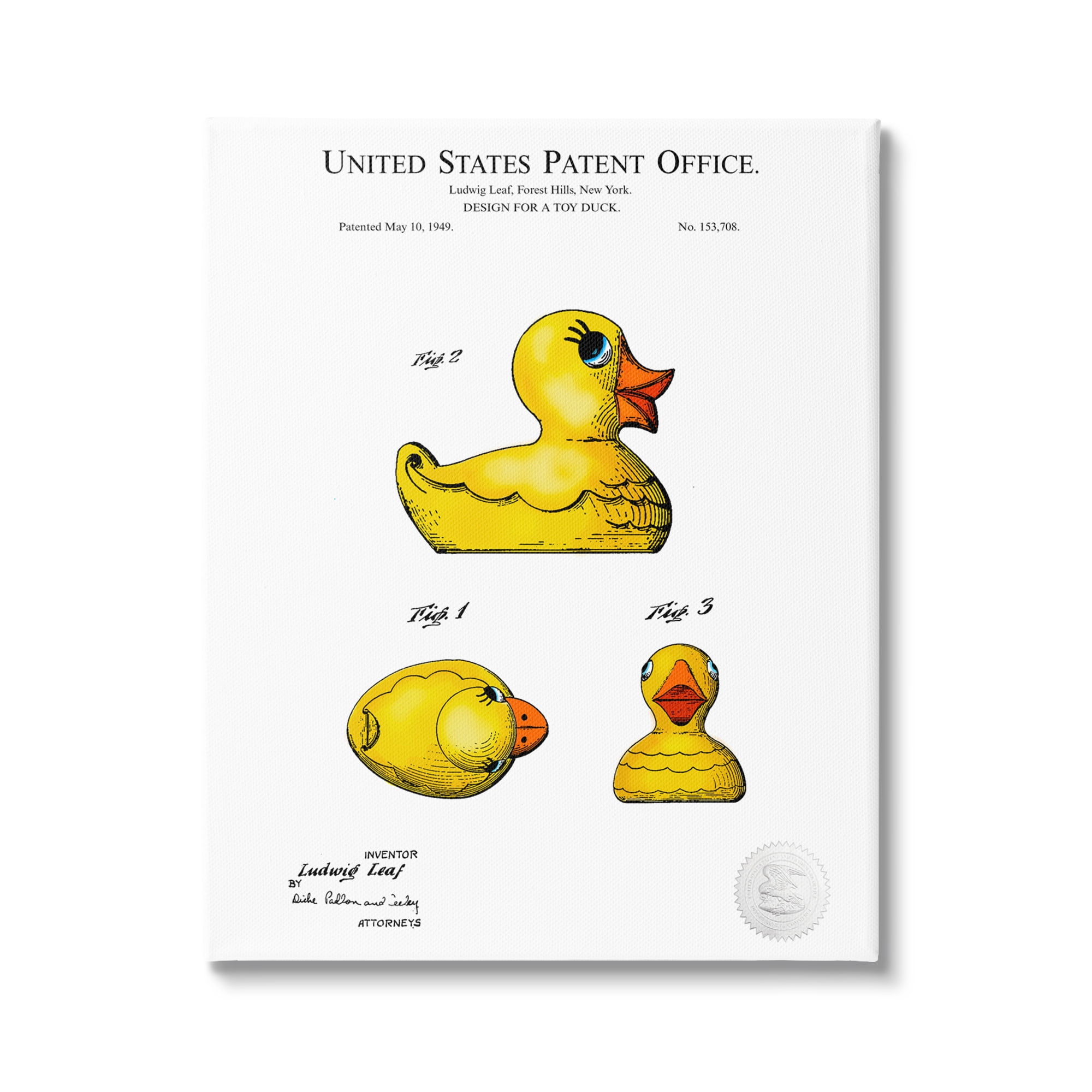 Stupell Industries Toy Rubber Duck Yellow Patent Design Diagram Canvas Wall Art, 36 x 48, Design by Karl Hronek