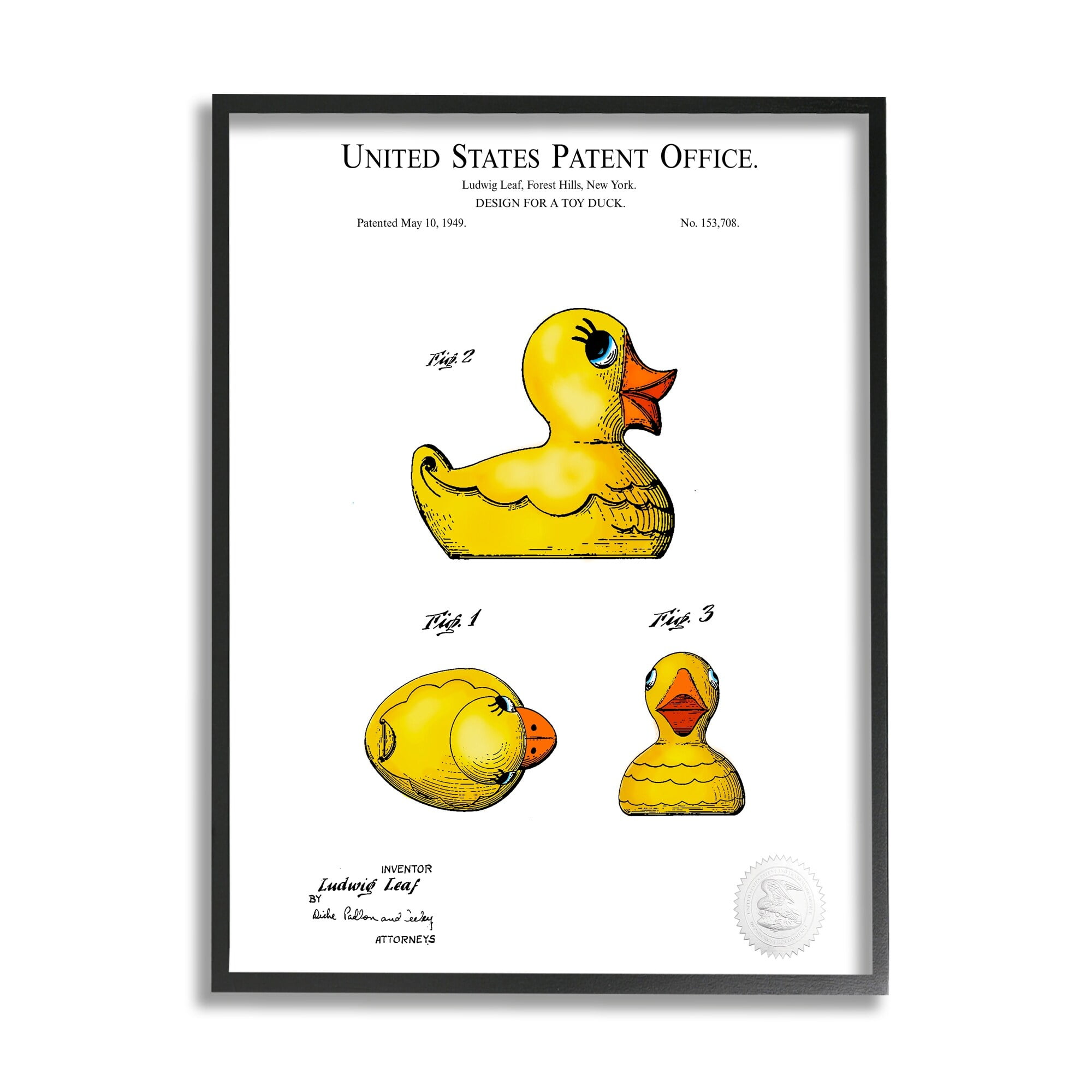 Stupell Industries Toy Rubber Duck Yellow Patent Design Diagram Framed Wall Art, 11 x 14, Design by Karl Hronek