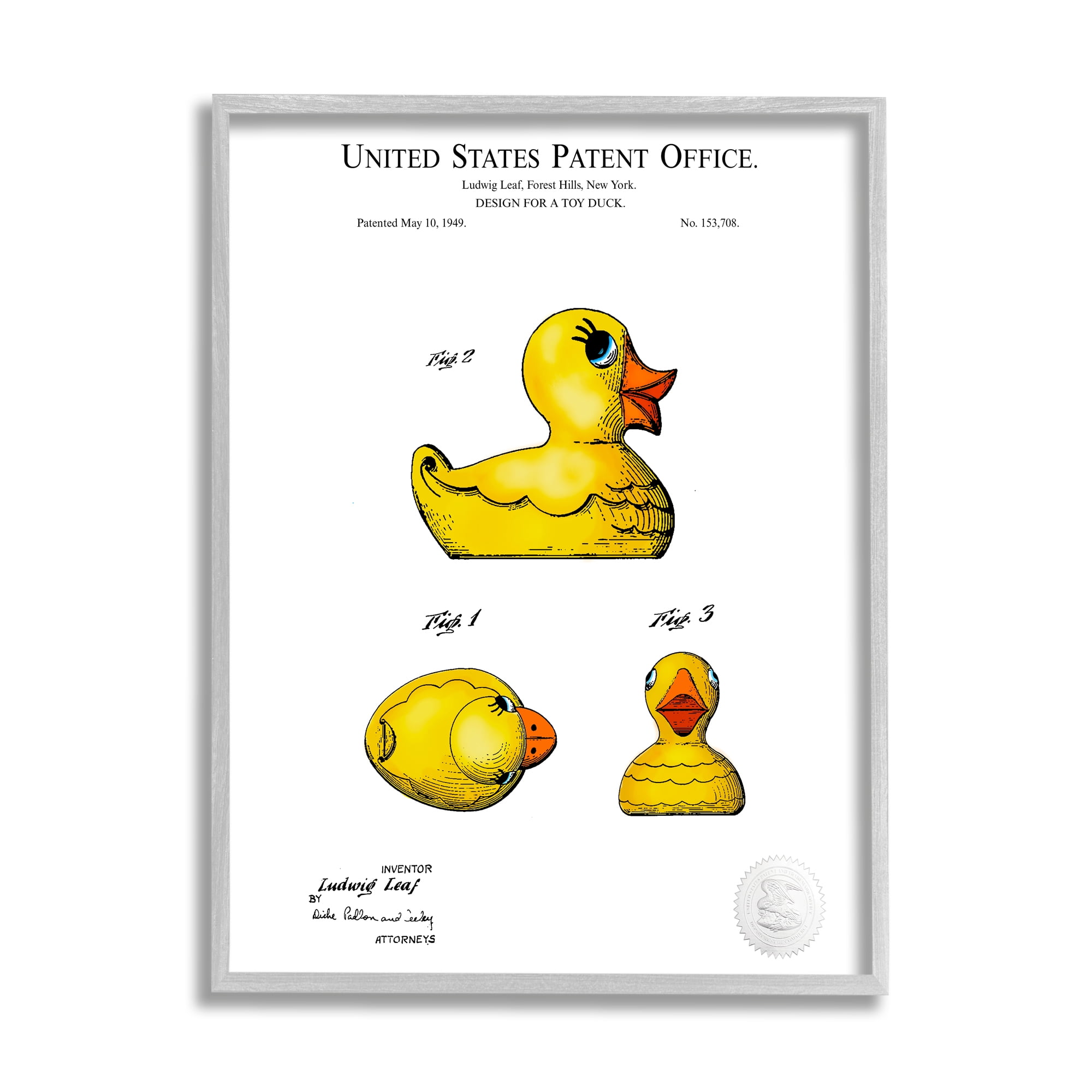 Stupell Industries Toy Rubber Duck Yellow Patent Design Diagram Framed Wall Art, 24 x 30, Design by Karl Hronek