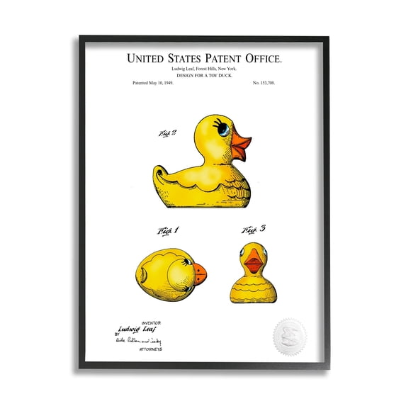 Stupell Industries Toy Rubber Duck Yellow Patent Design Diagram Framed Wall Art, 24 x 30, Design by Karl Hronek