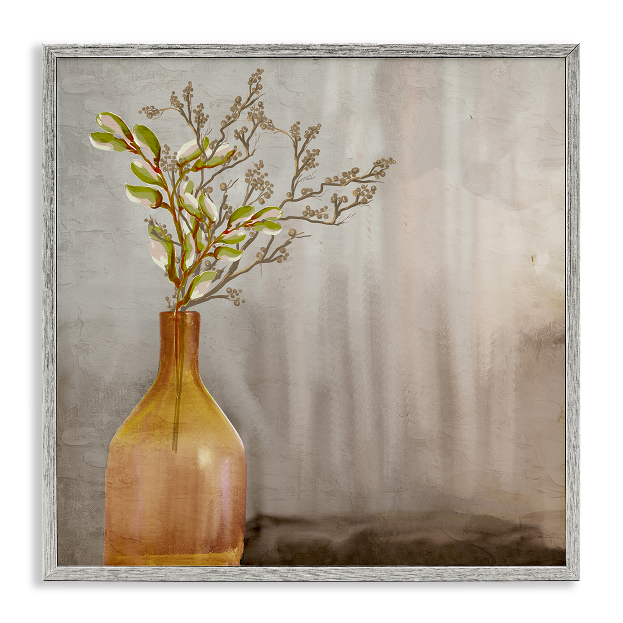 Stupell Industries Traditional Amber Vase Plants & Flowers Painting Gray Framed Art Print Wall Art, 12 x 12