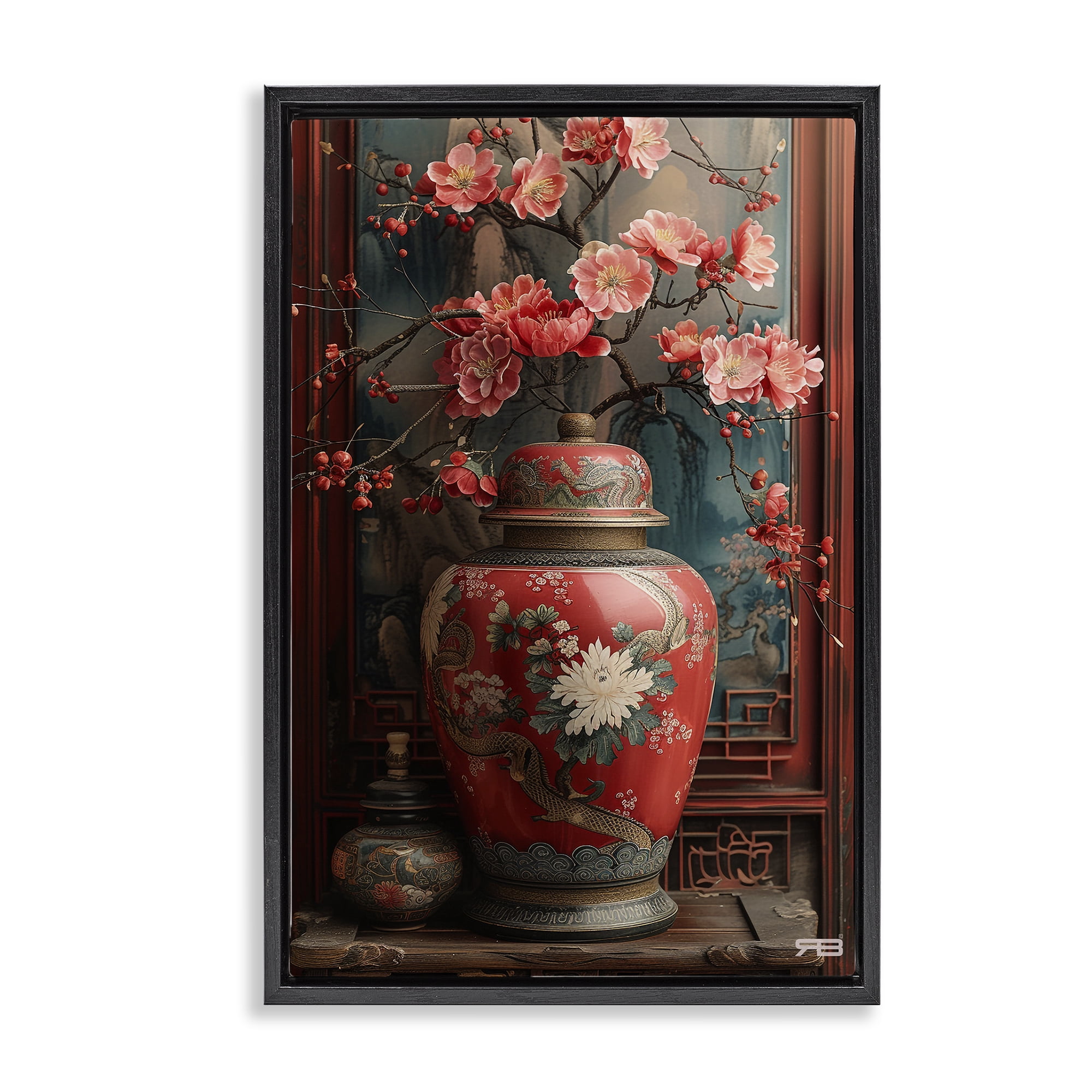Stupell Industries Traditional Asian Vase Botanical & Floral Painting Black Floater Framed Art Print Wall Art, 17 x 25