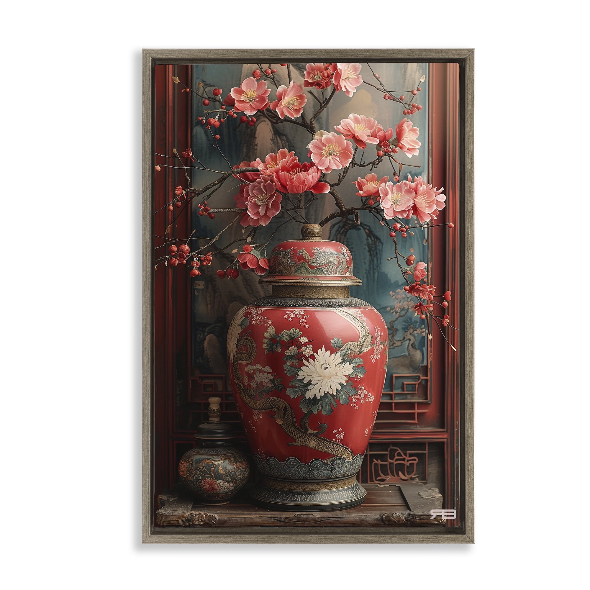 Stupell Industries Traditional Asian Vase Botanical & Floral Painting Brown Floater Framed Art Print Wall Art, 21 x 31