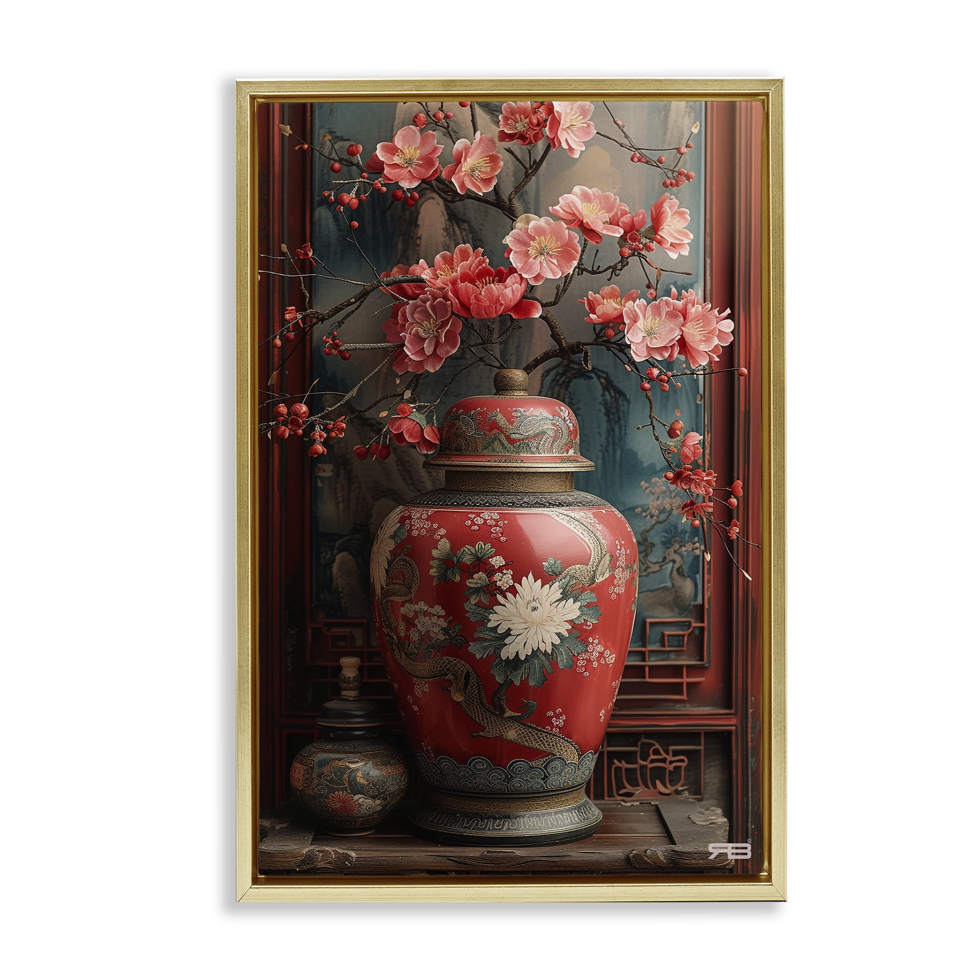 Stupell Industries Traditional Asian Vase Botanical & Floral Painting Gold Floater Framed Art Print Wall Art, 21 x 31