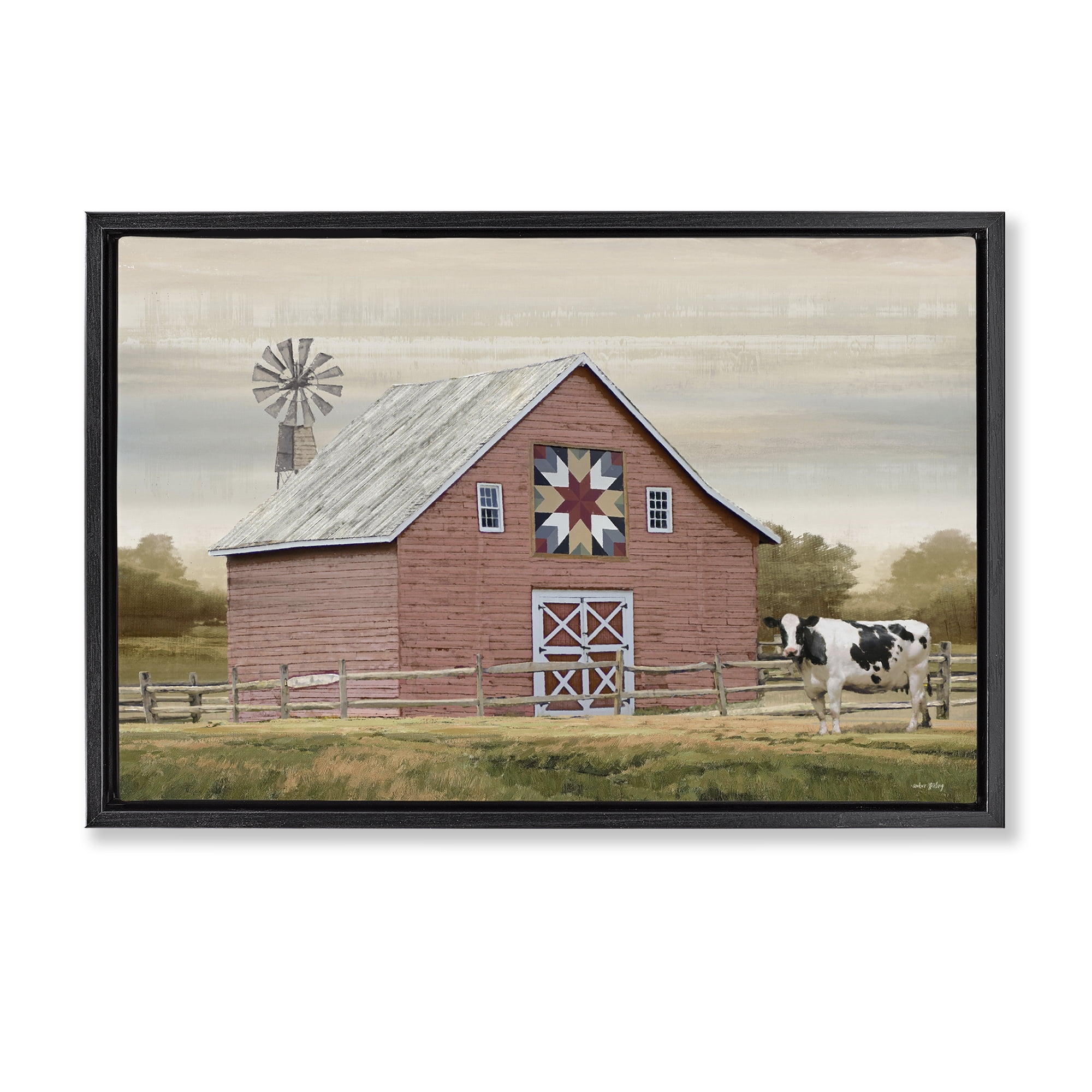 Stupell Industries Traditional Barn & Windmill Landscape & Nature Painting Black Floater Framed Canvas Art Print Wall Art, 31 x 21