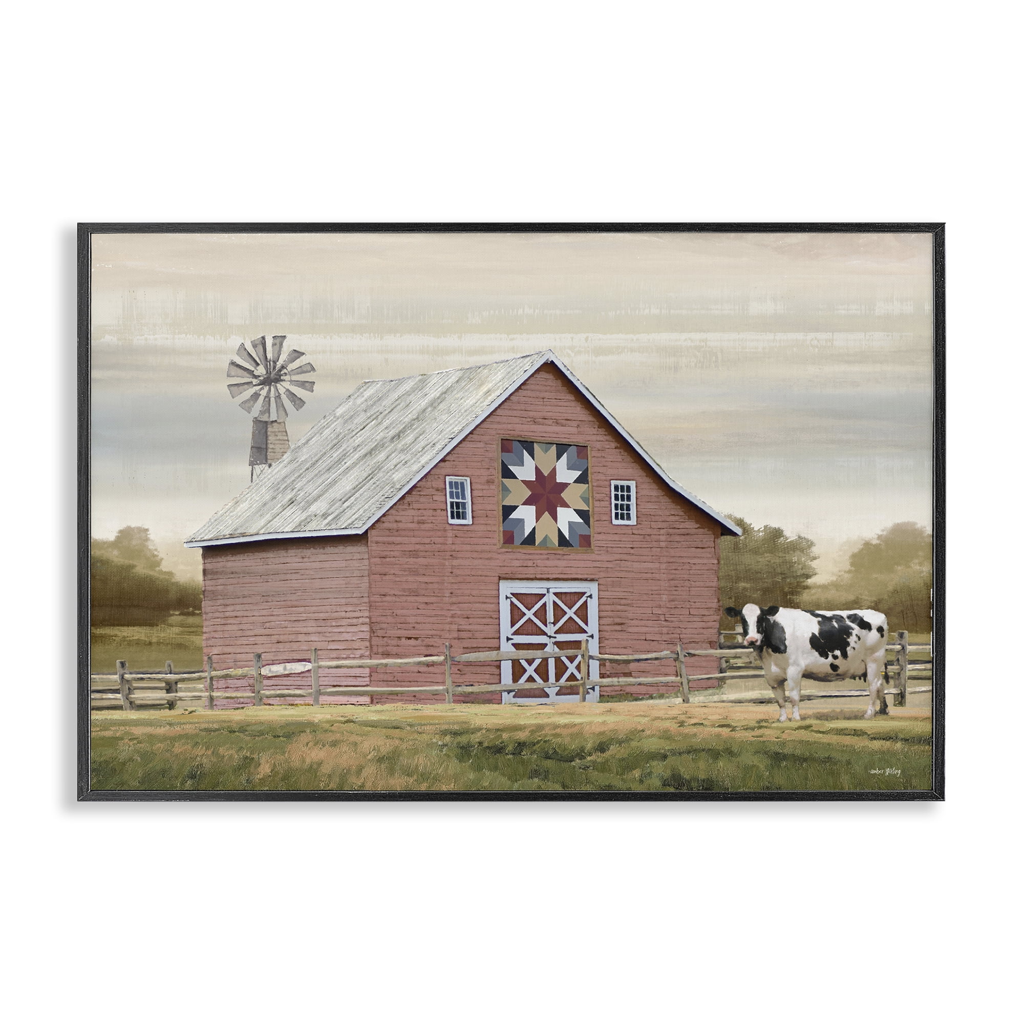 Stupell Industries Traditional Barn & Windmill Landscape & Nature Painting Black Framed Art Print Wall Art, 30 x 20