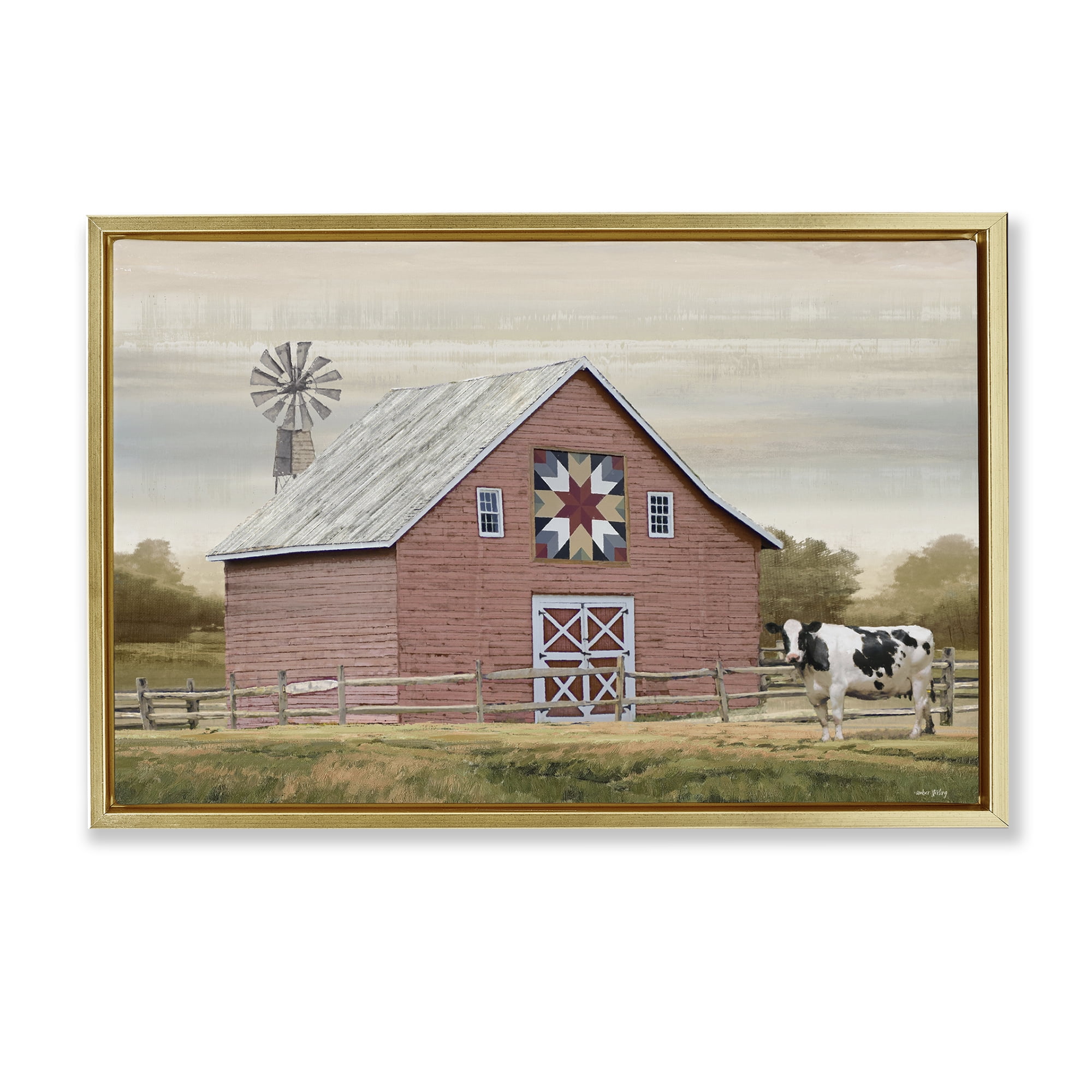 Stupell Industries Traditional Barn & Windmill Landscape & Nature Painting Gold Floater Framed Canvas Art Print Wall Art, 25 x 17
