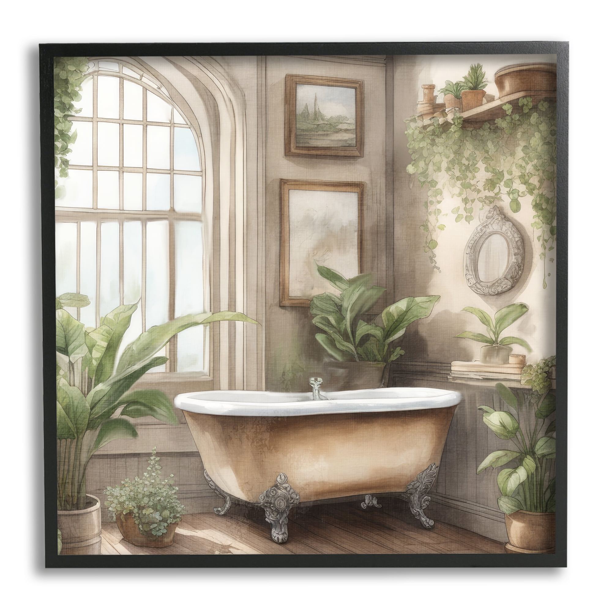 Stupell Industries Traditional Bathroom with Plants Botanical & Floral Painting Black Framed Art Print Wall Art, 12 x 12