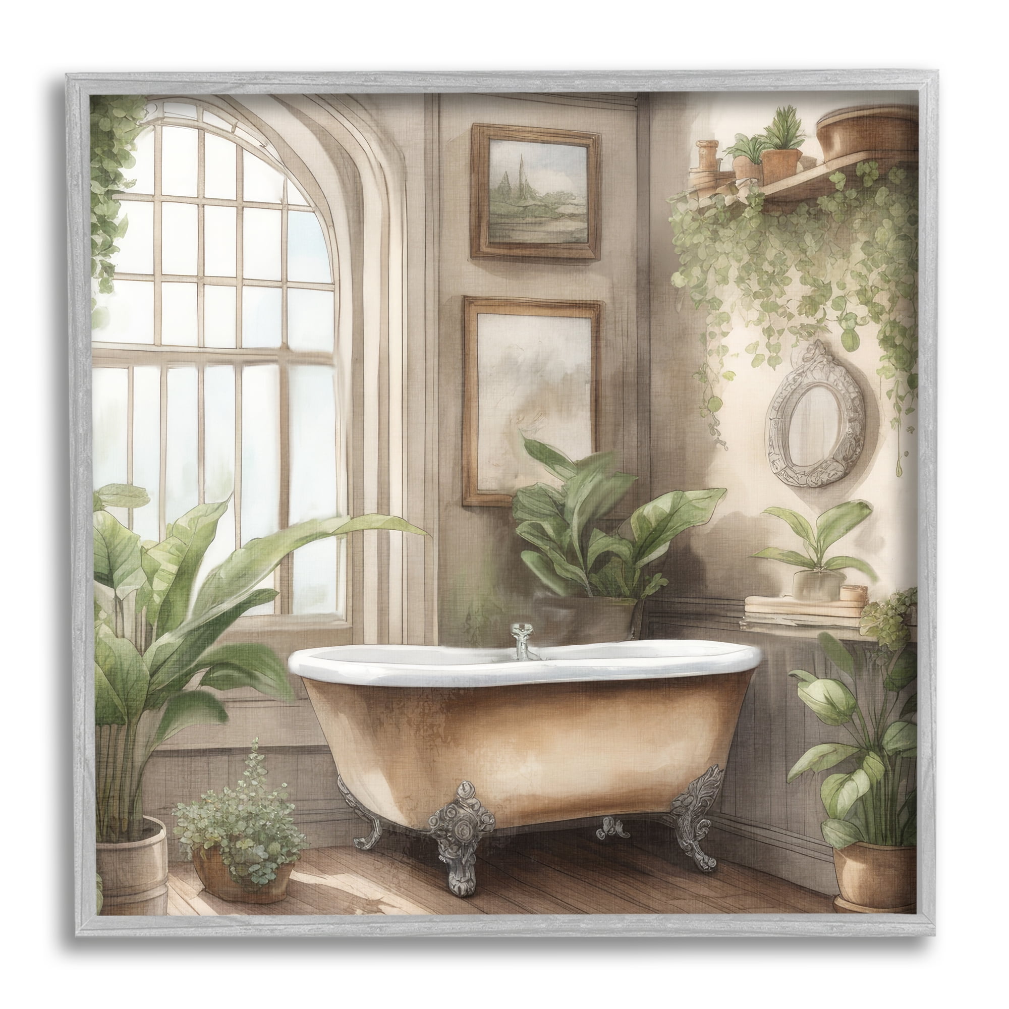 Stupell Industries Traditional Bathroom with Plants Botanical & Floral Painting Gray Framed Art Print Wall Art, 12 x 12