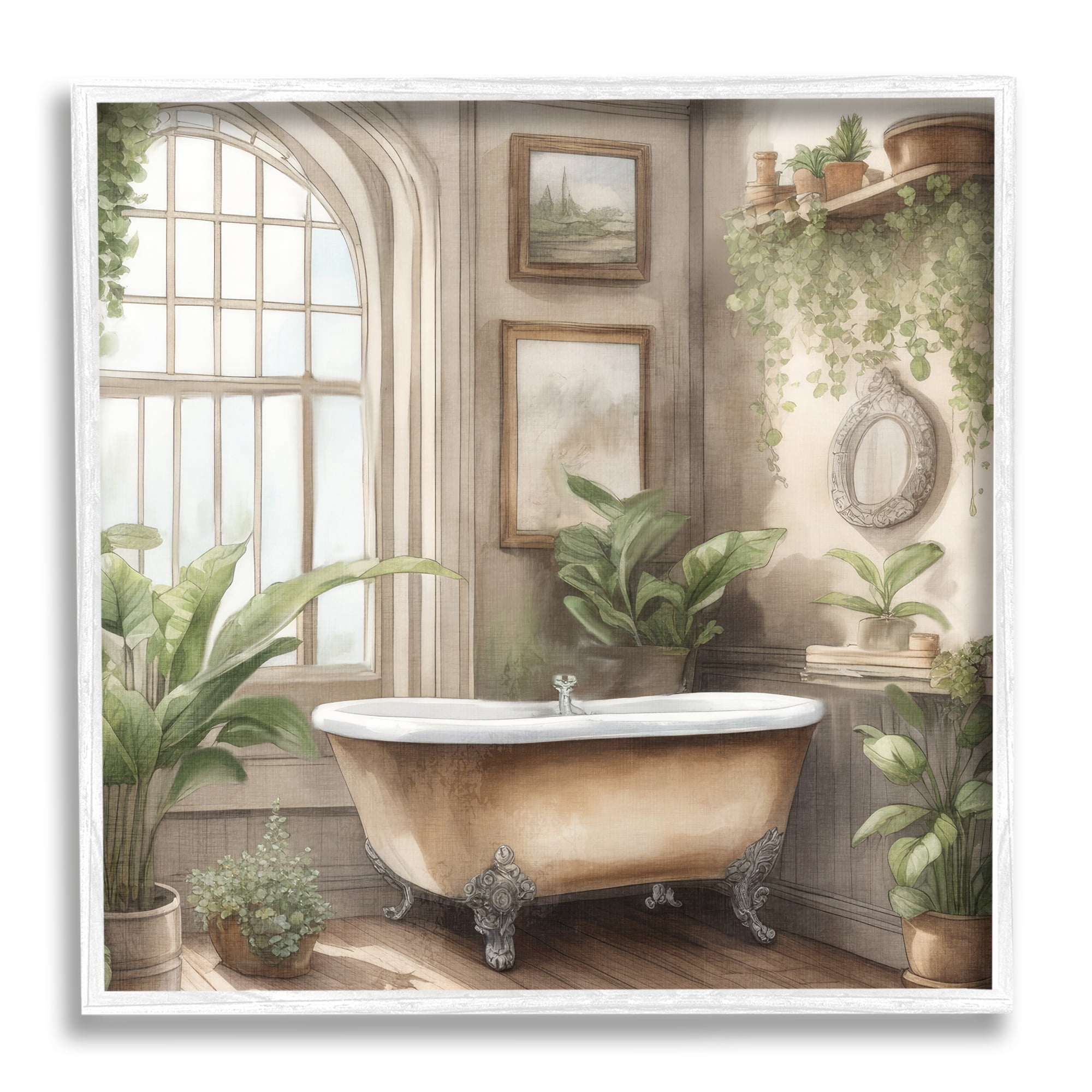 Stupell Industries Traditional Bathroom with Plants Botanical & Floral Painting White Framed Art Print Wall Art, 12 x 12