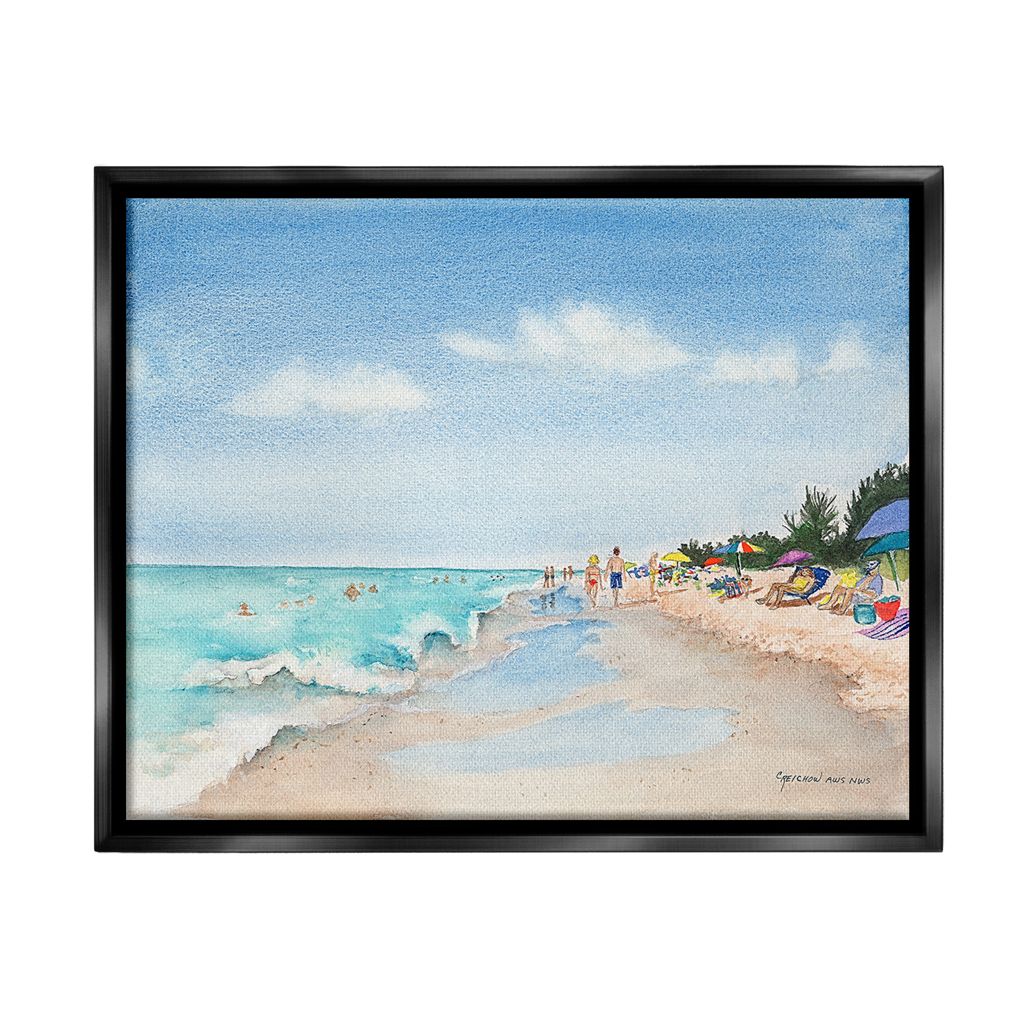 Stupell Industries Traditional Beachgoers View Landscape Painting Black Floater Framed Canvas Art Print Wall Art, 31 x 25
