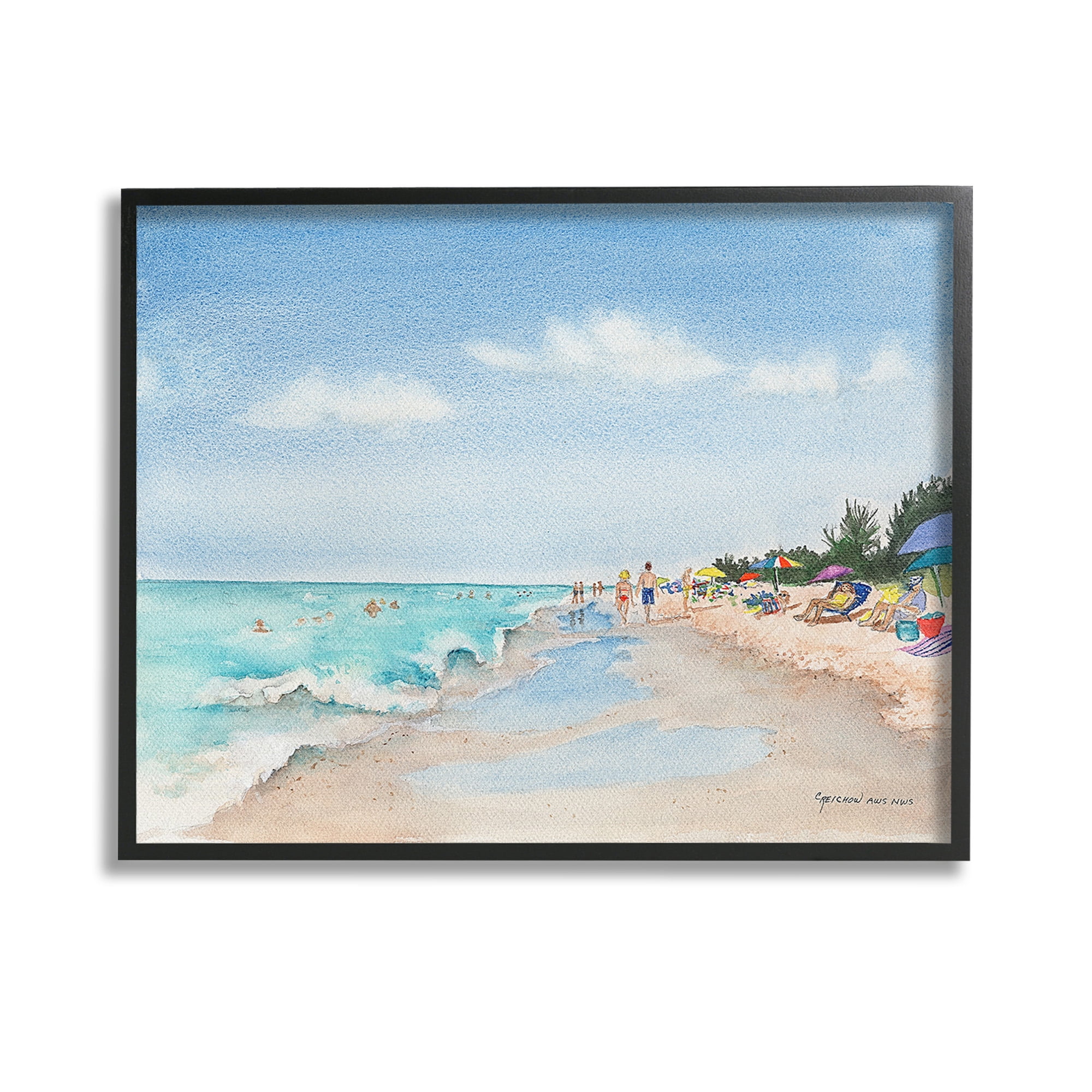 Stupell Industries Traditional Beachgoers View Landscape Painting Black Framed Art Print Wall Art, 14 x 11