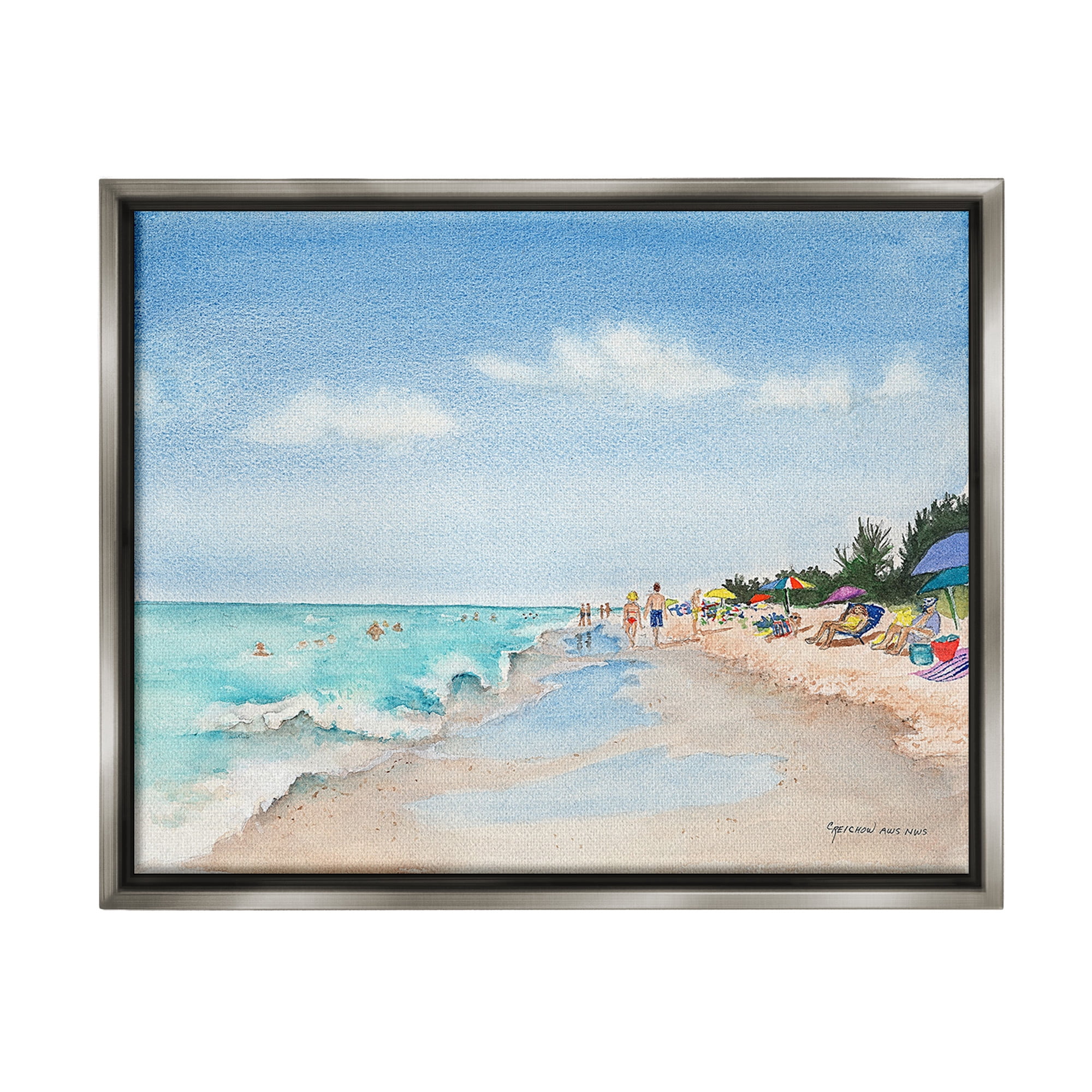 Stupell Industries Traditional Beachgoers View Landscape Painting Gray Floater Framed Canvas Art Print Wall Art, 31 x 25
