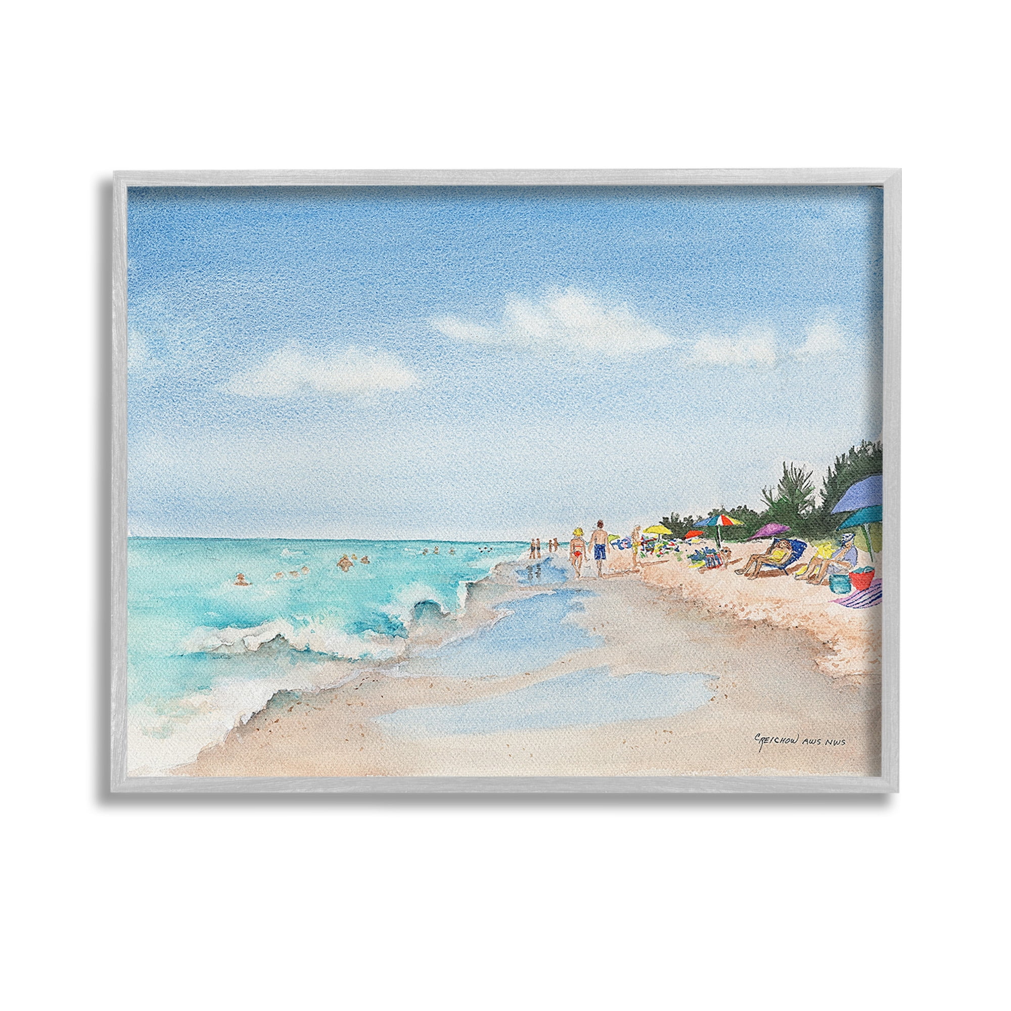 Stupell Industries Traditional Beachgoers View Landscape Painting Gray Framed Art Print Wall Art, 14 x 11