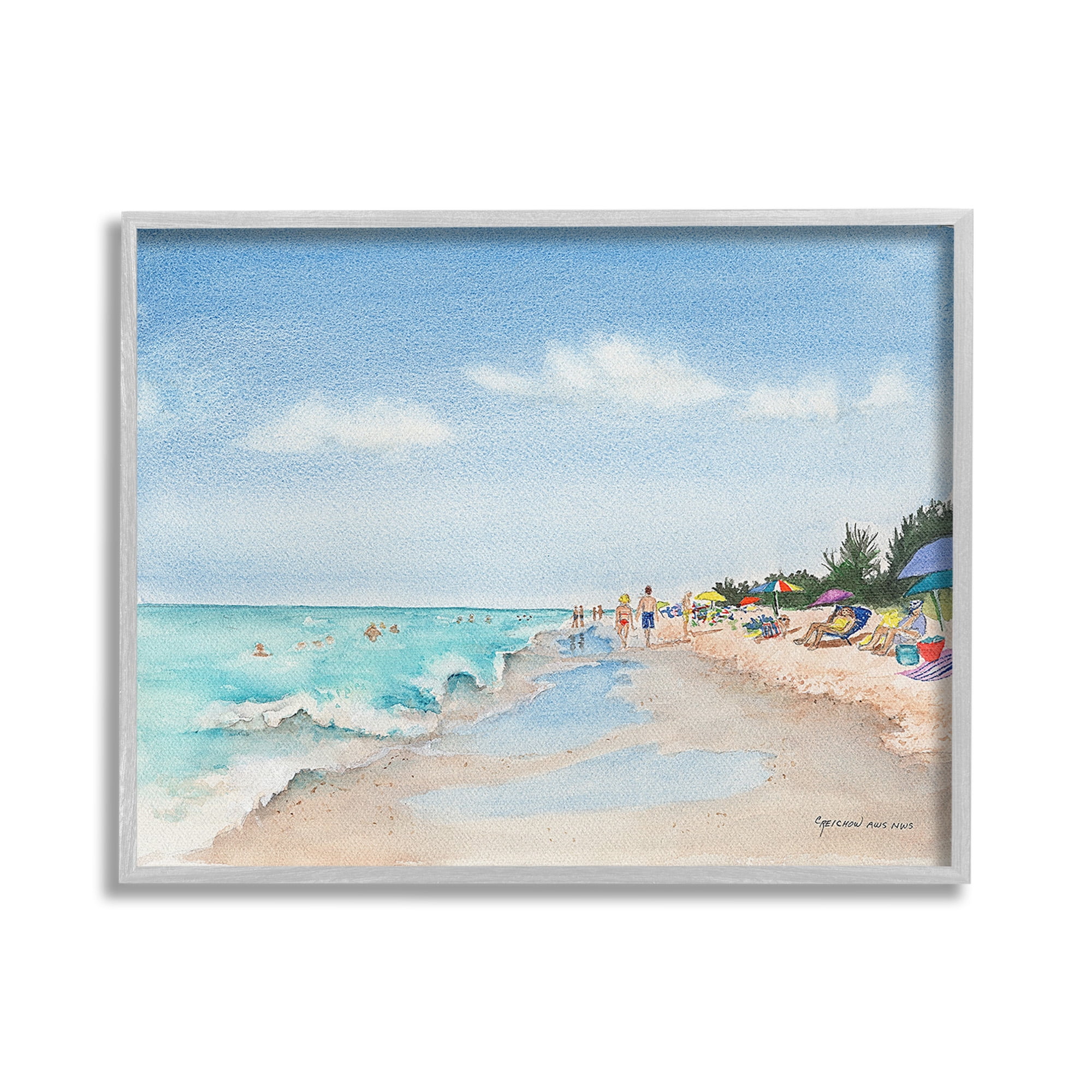 Stupell Industries Traditional Beachgoers View Landscape Painting Gray Framed Art Print Wall Art, 20 x 16