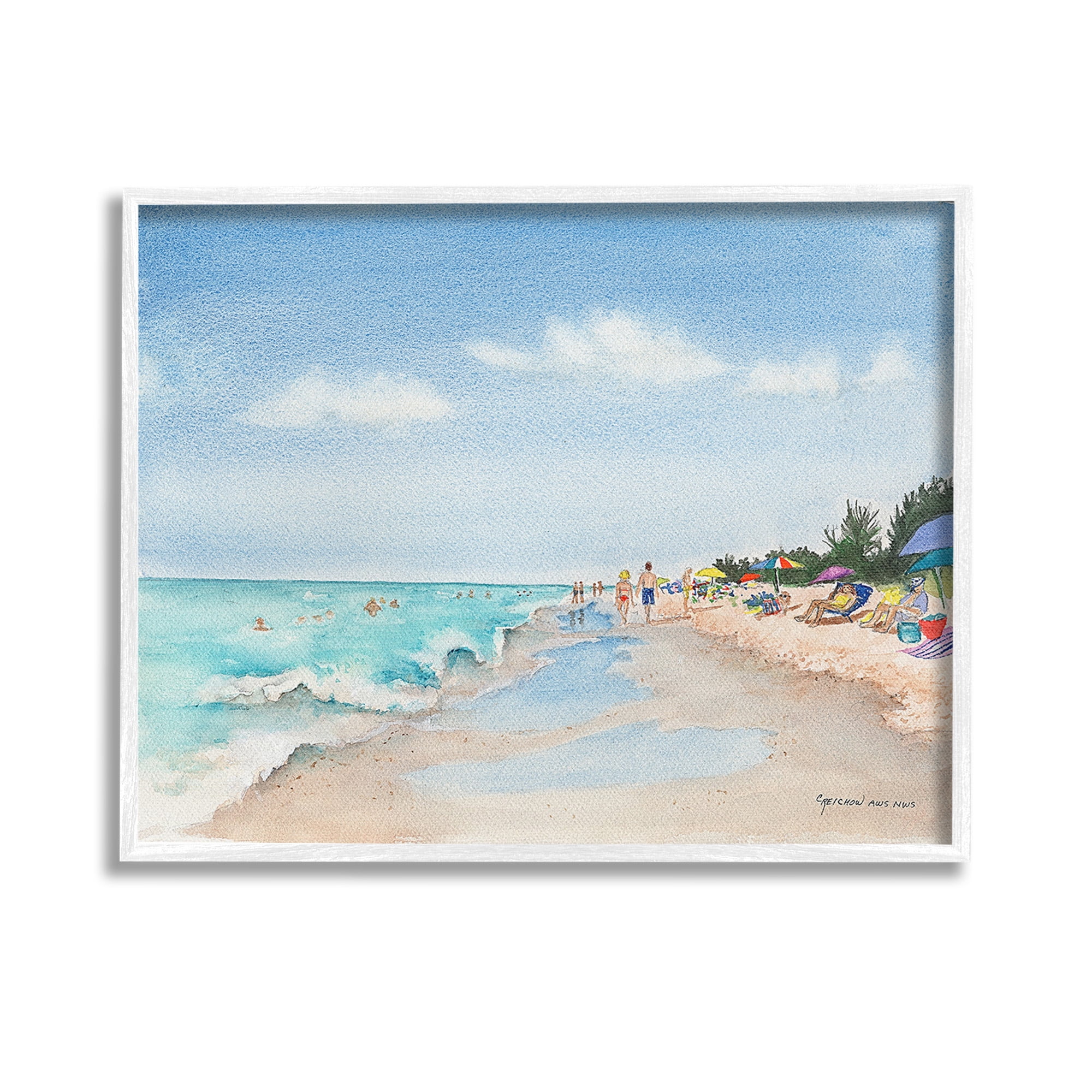Stupell Industries Traditional Beachgoers View Landscape Painting White Framed Art Print Wall Art, 14 x 11