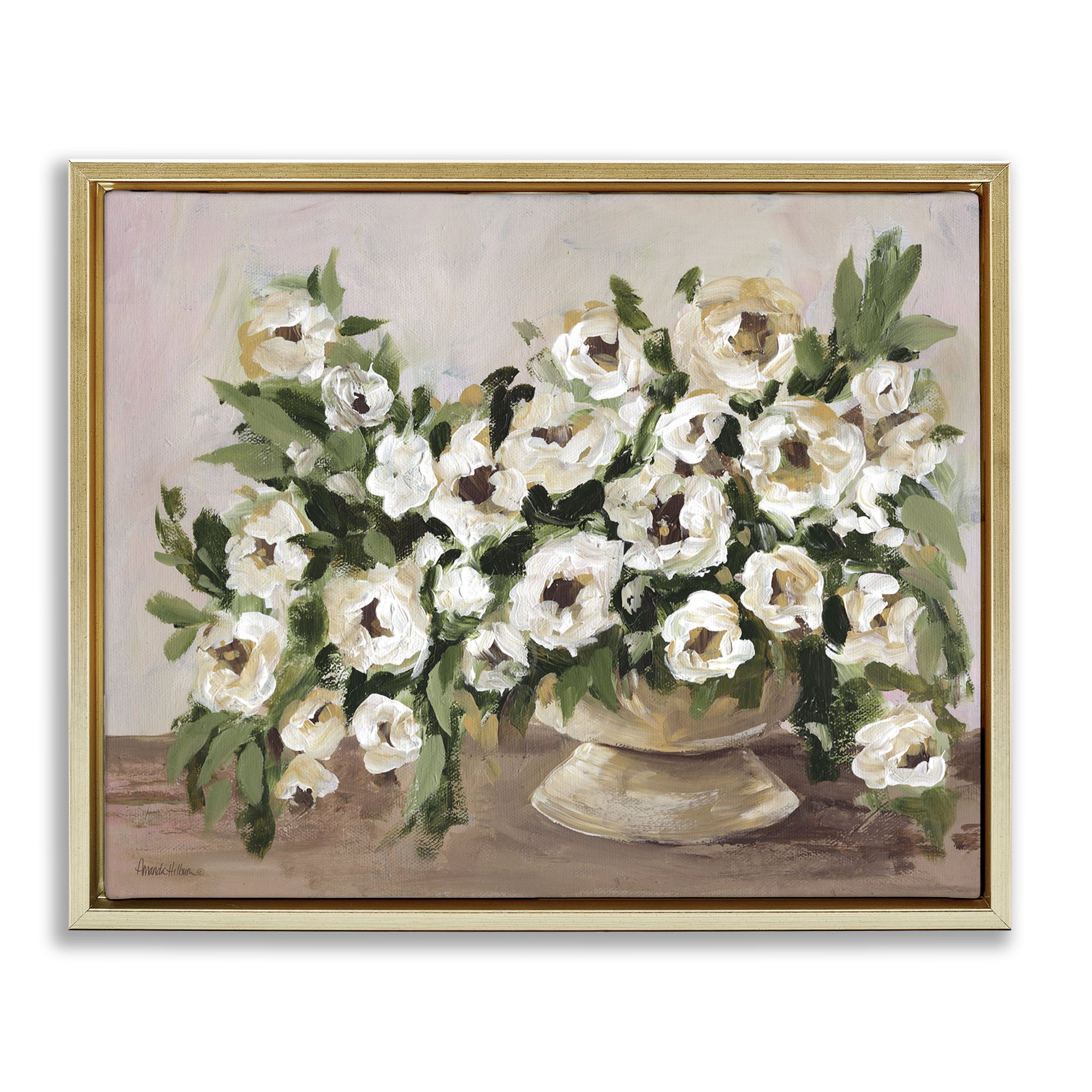Stupell Industries Traditional Beige Flowers Plants & Flowers Painting Gold Floater Framed Canvas Art Print Wall Art, 21 x 17