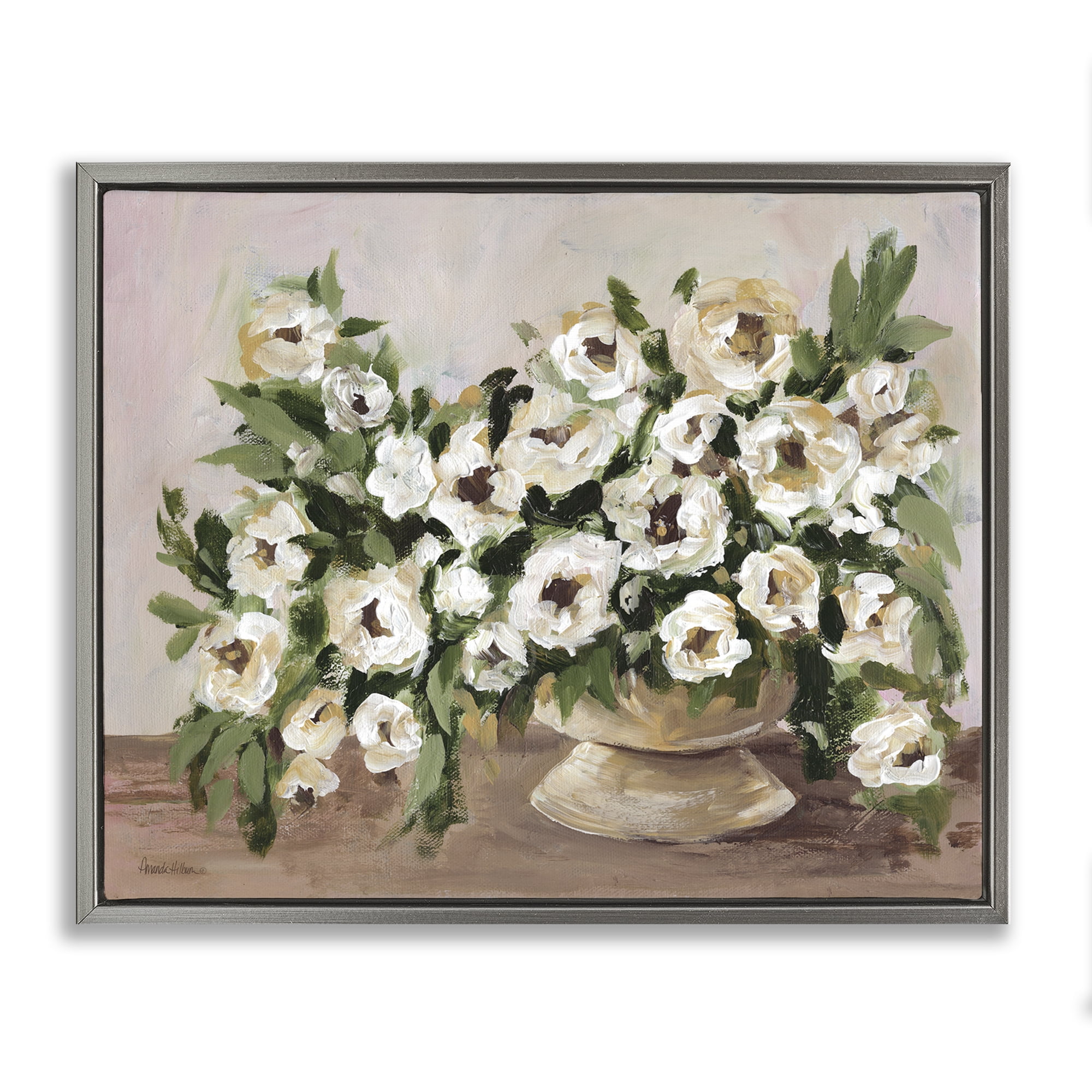 Stupell Industries Traditional Beige Flowers Plants & Flowers Painting Gray Floater Framed Canvas Art Print Wall Art, 31 x 25