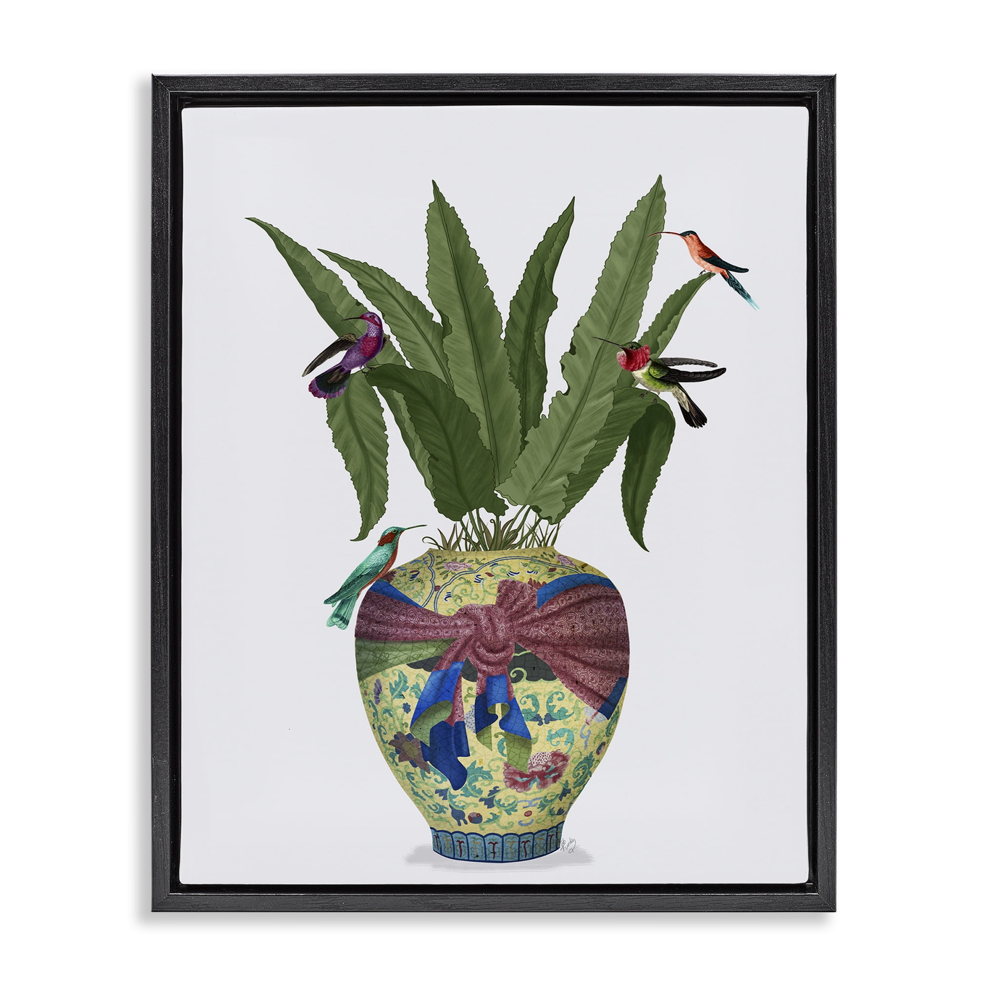 Stupell Industries Traditional Birds on Planter Botanical & Floral Painting Black Floater Framed Canvas Art Print Wall Art, 25 x 31