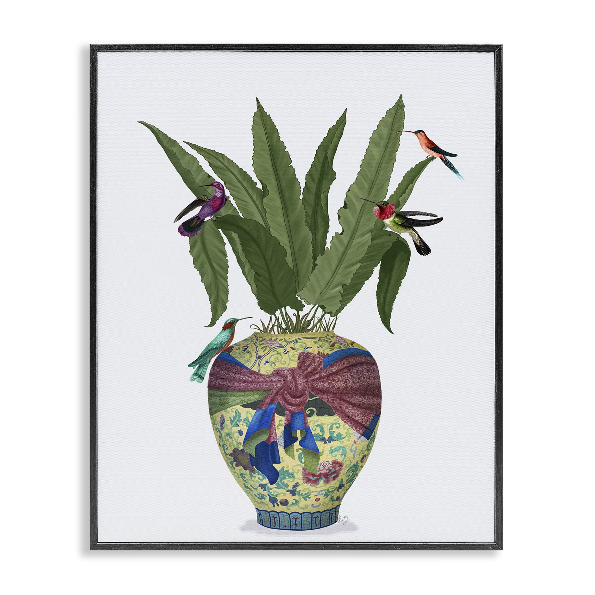 Stupell Industries Traditional Birds on Planter Botanical & Floral Painting Black Framed Art Print Wall Art, 16 x 20