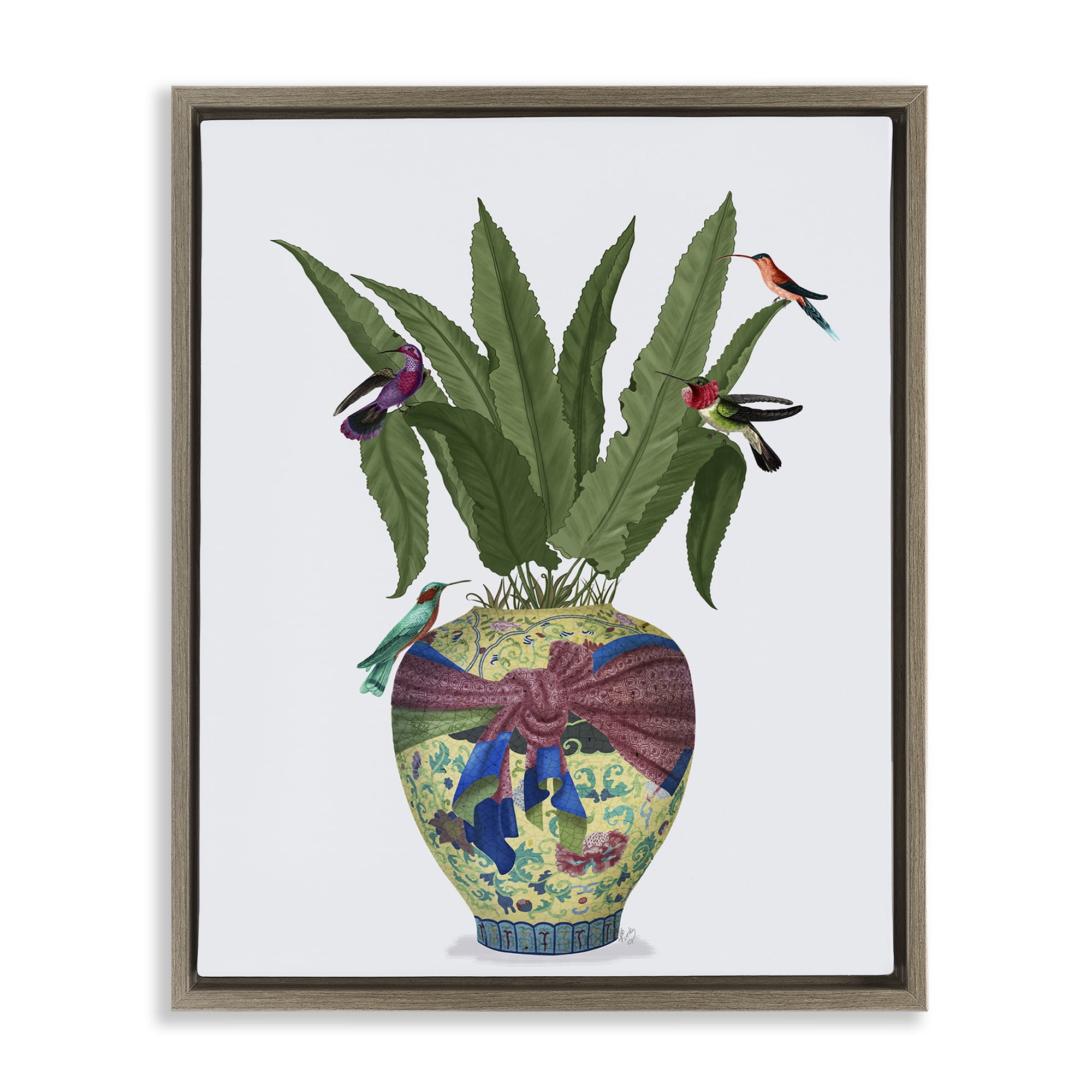 Stupell Industries Traditional Birds on Planter Botanical & Floral Painting Brown Floater Framed Canvas Art Print Wall Art, 17 x 21