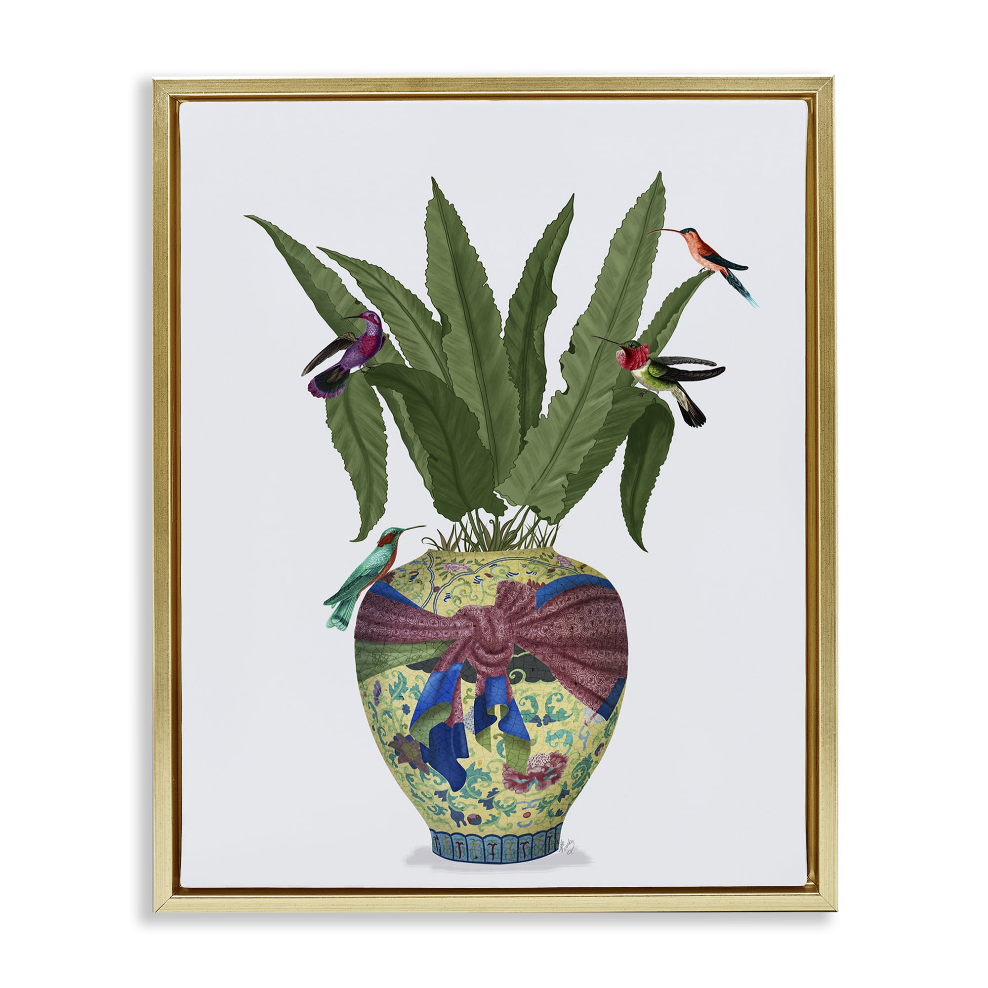 Stupell Industries Traditional Birds on Planter Botanical & Floral Painting Gold Floater Framed Canvas Art Print Wall Art, 25 x 31