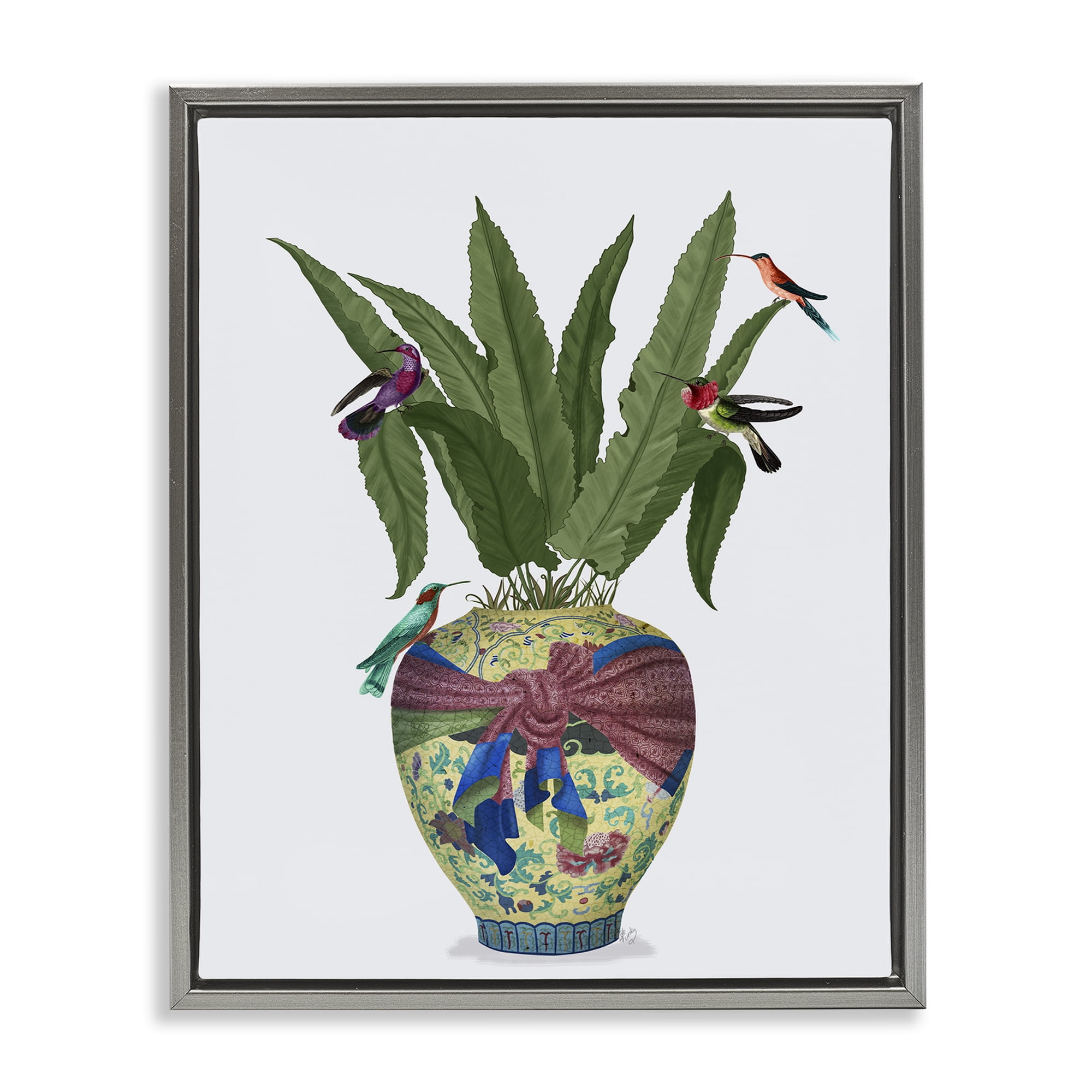 Stupell Industries Traditional Birds on Planter Botanical & Floral Painting Gray Floater Framed Canvas Art Print Wall Art, 17 x 21