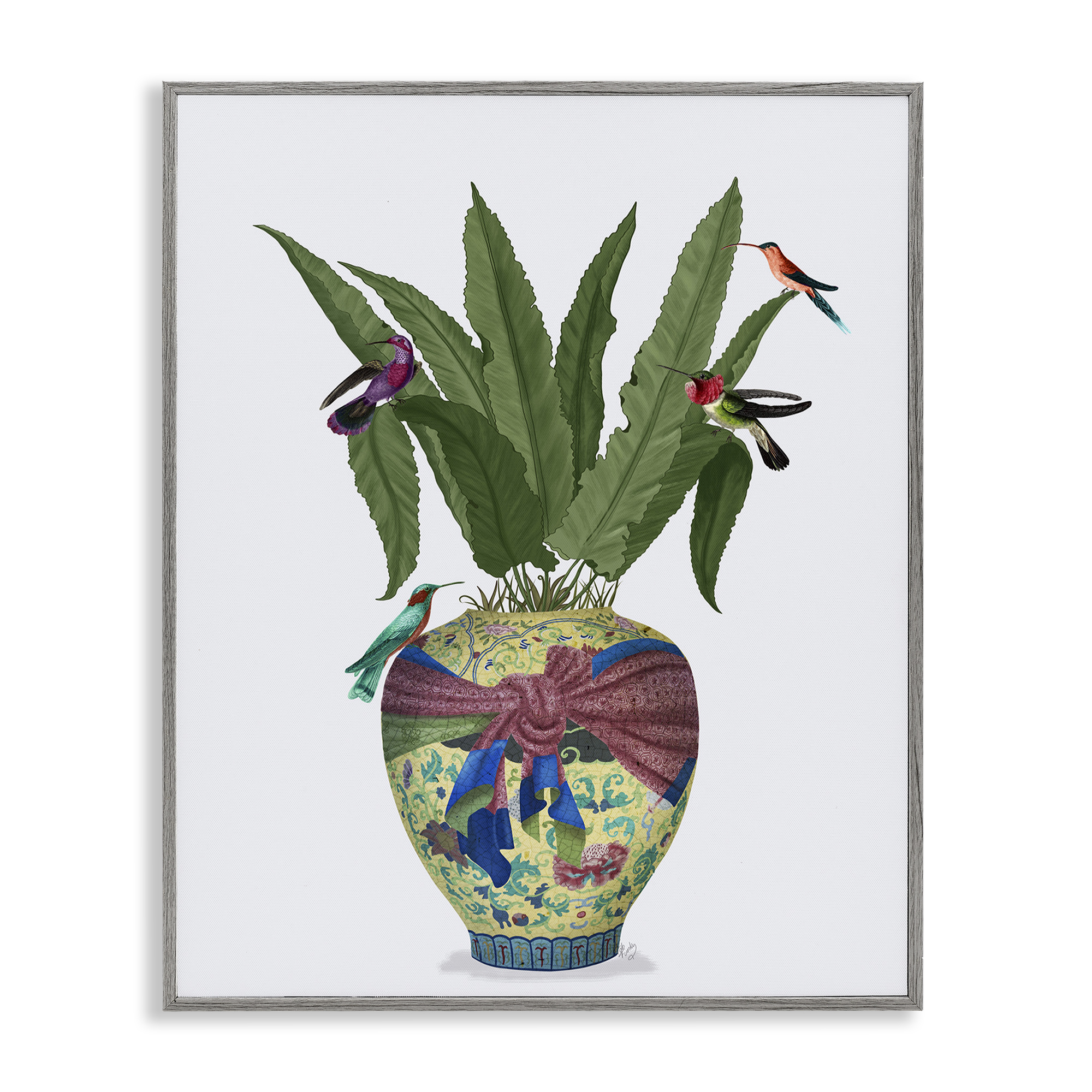 Stupell Industries Traditional Birds on Planter Botanical & Floral Painting Gray Framed Art Print Wall Art, 16 x 20