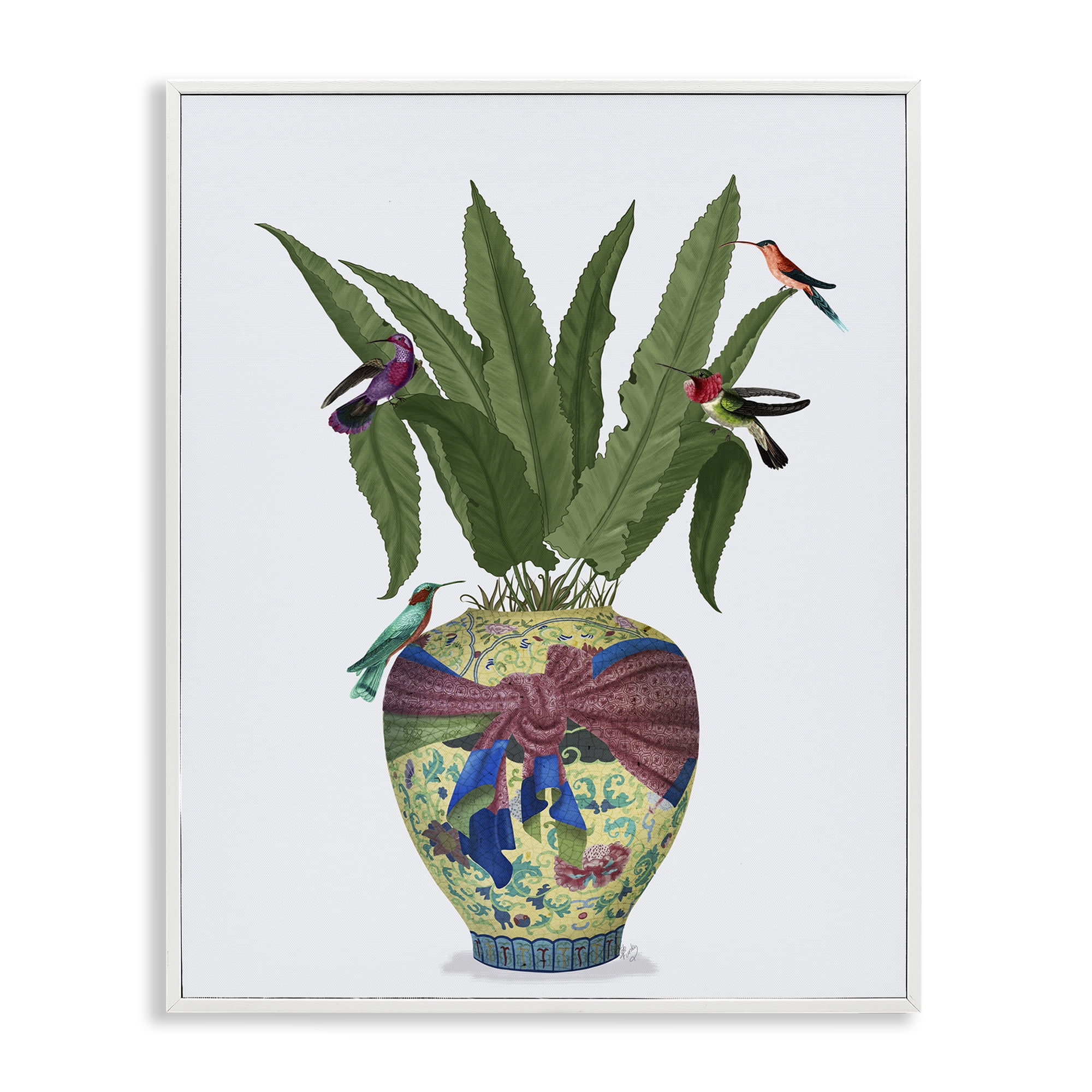 Stupell Industries Traditional Birds on Planter Botanical & Floral Painting White Framed Art Print Wall Art, 24 x 30