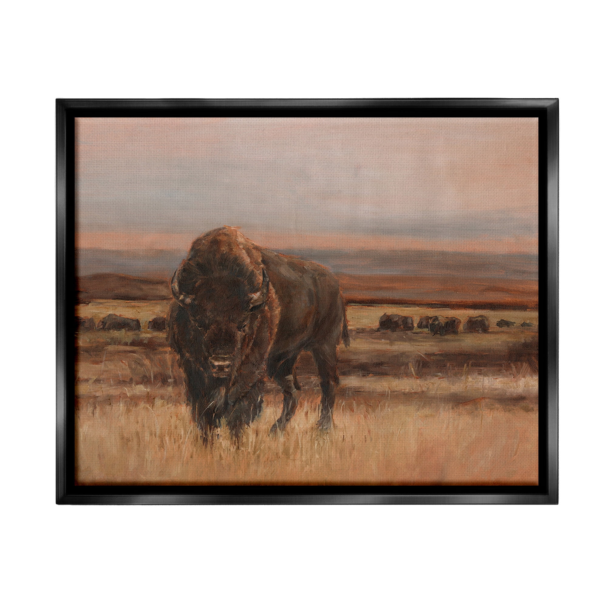 Stupell Industries Traditional Bison Landscape Animals & Insects Painting Black Floater Framed Canvas Art Print Wall Art, 31 x 25