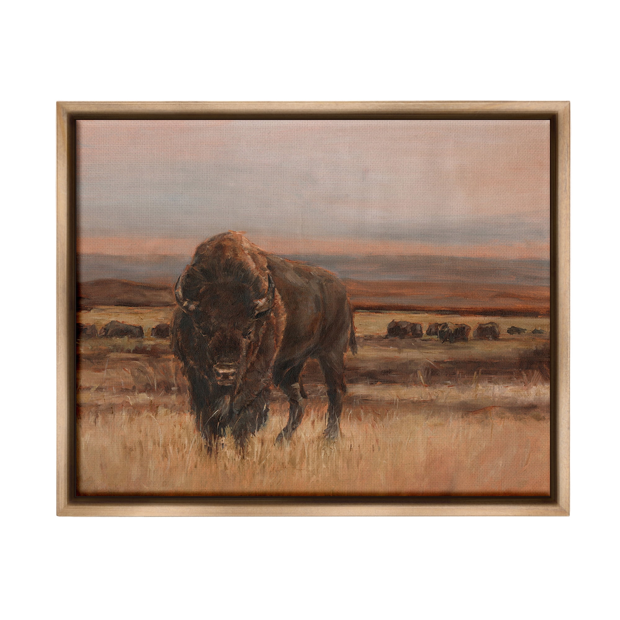 Stupell Industries Traditional Bison Landscape Animals & Insects Painting Brown Floater Framed Canvas Art Print Wall Art, 31 x 25