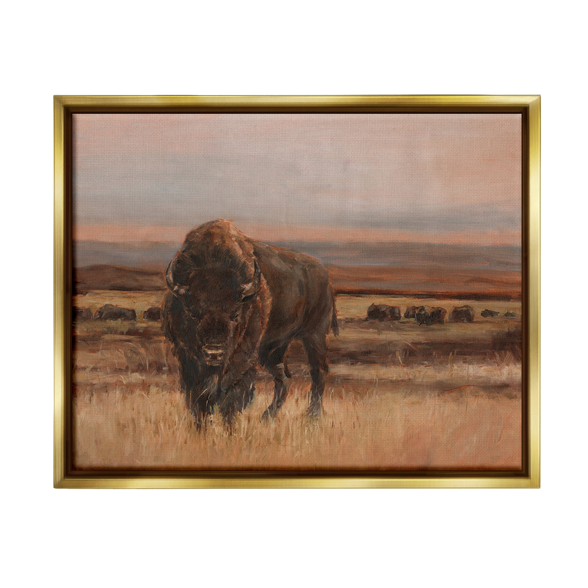 Stupell Industries Traditional Bison Landscape Animals & Insects Painting Gold Floater Framed Canvas Art Print Wall Art, 21 x 17