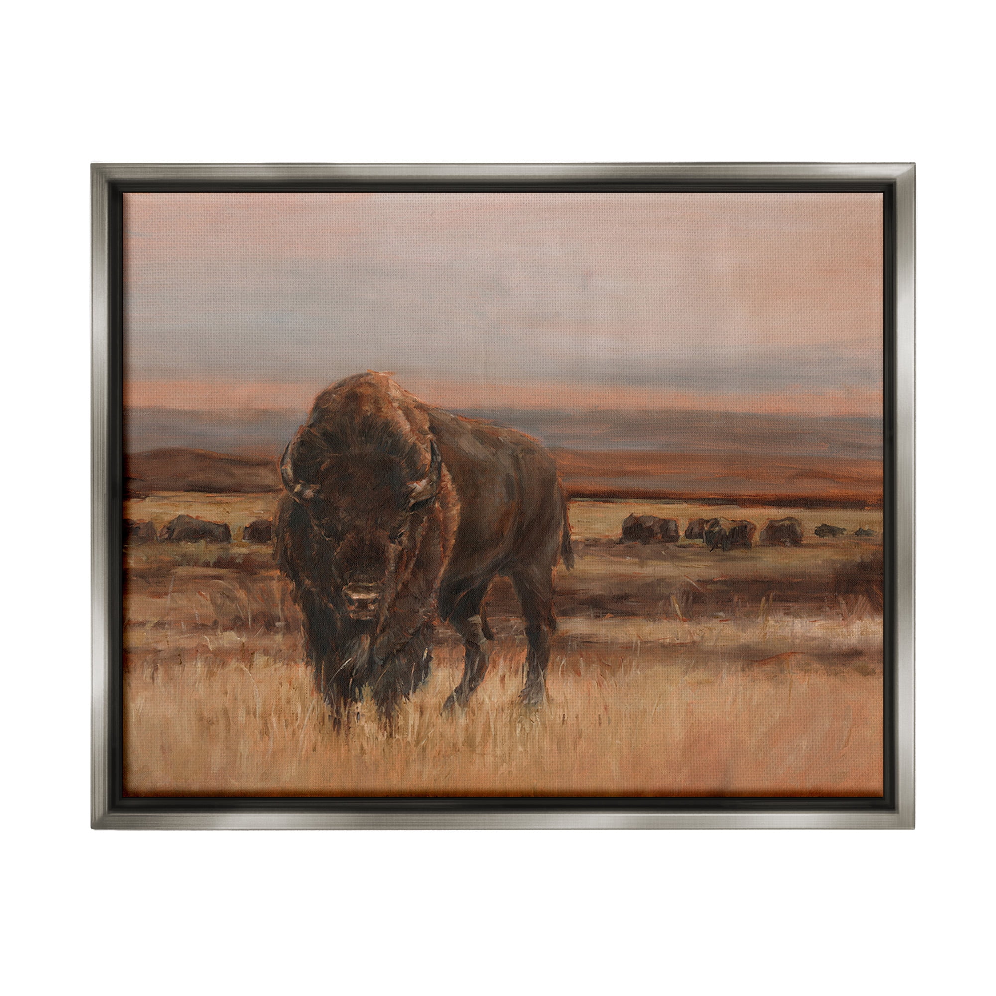Stupell Industries Traditional Bison Landscape Animals & Insects Painting Gray Floater Framed Canvas Art Print Wall Art, 21 x 17