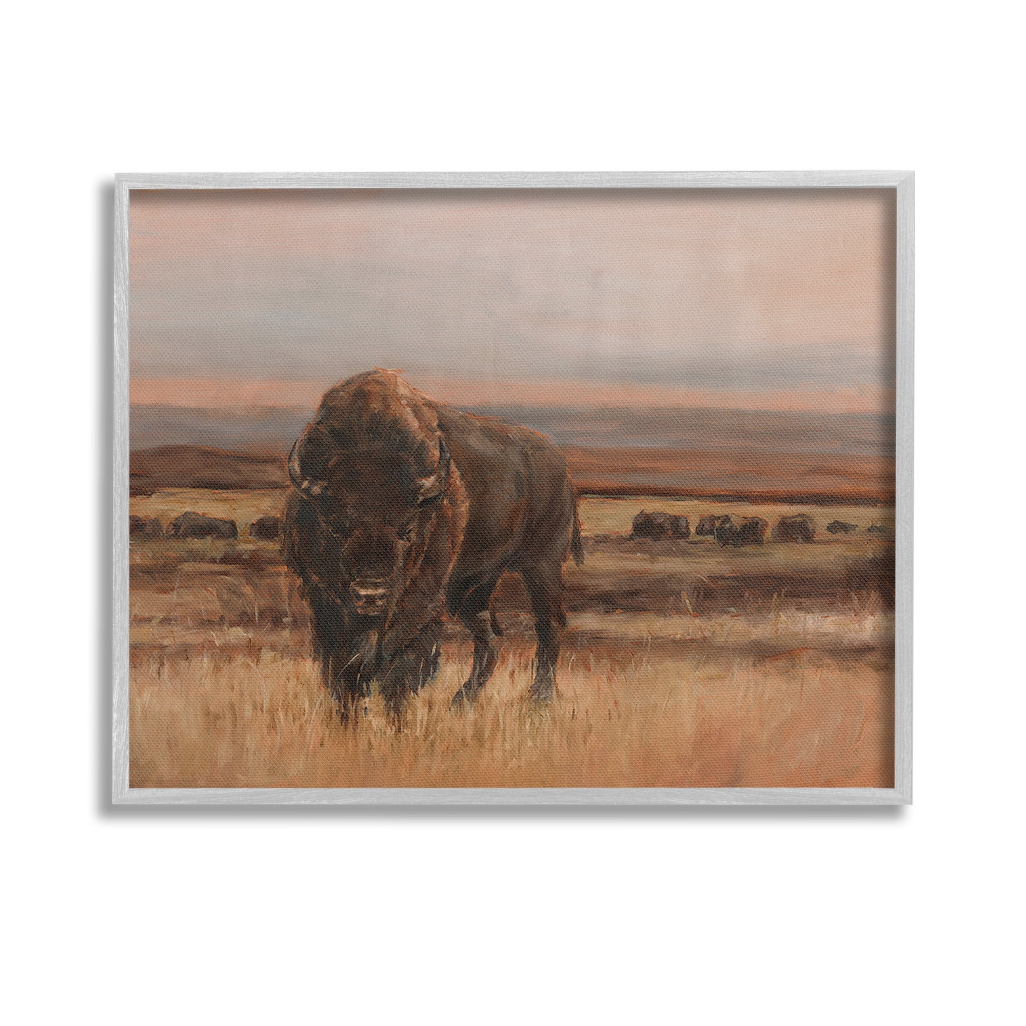 Stupell Industries Traditional Bison Landscape Animals & Insects Painting Gray Framed Art Print Wall Art, 14 x 11