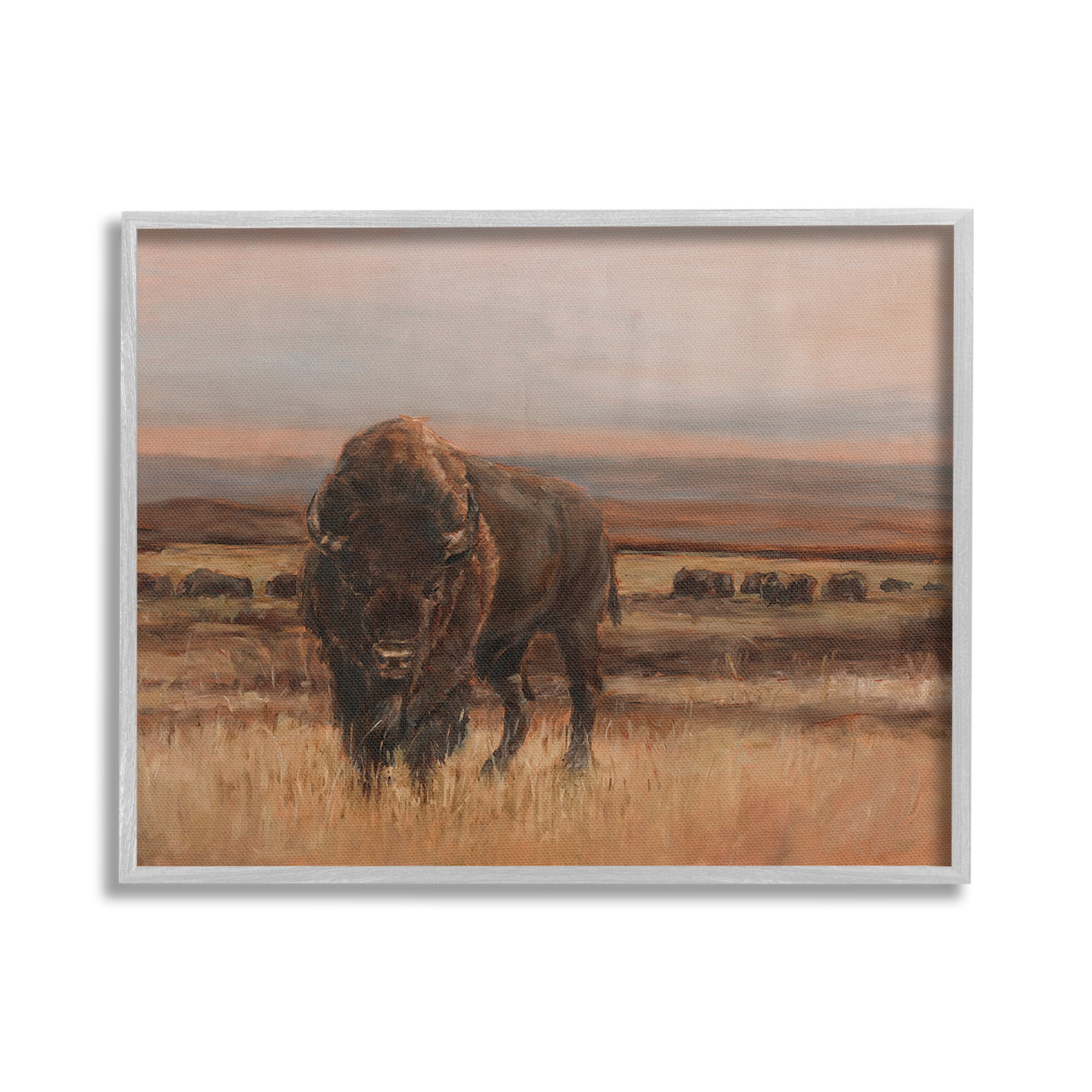 Stupell Industries Traditional Bison Landscape Animals & Insects Painting Gray Framed Art Print Wall Art, 20 x 16