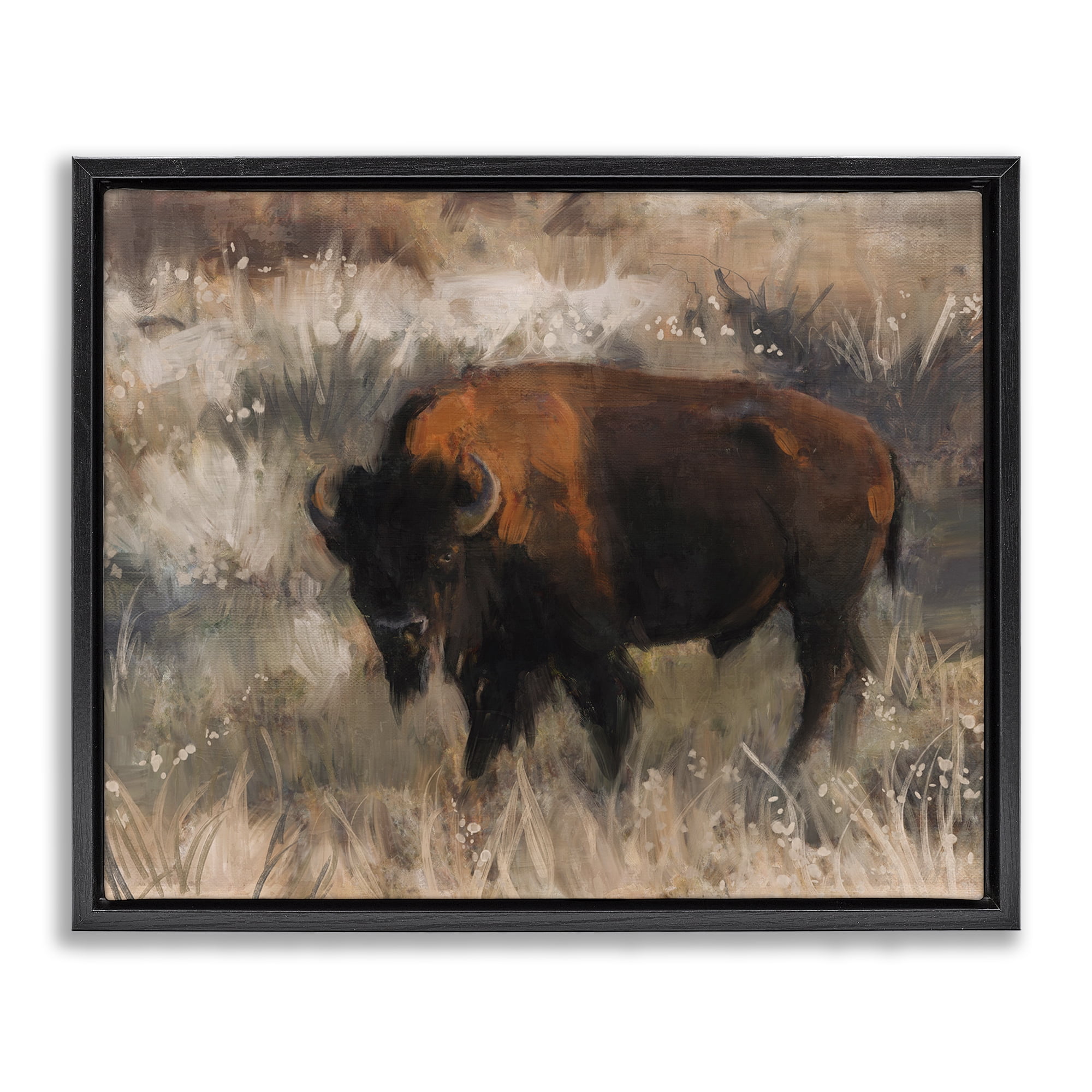 Stupell Industries Traditional Bison Range Animals & Insects Painting Black Floater Framed Canvas Art Print Wall Art, 31 x 25