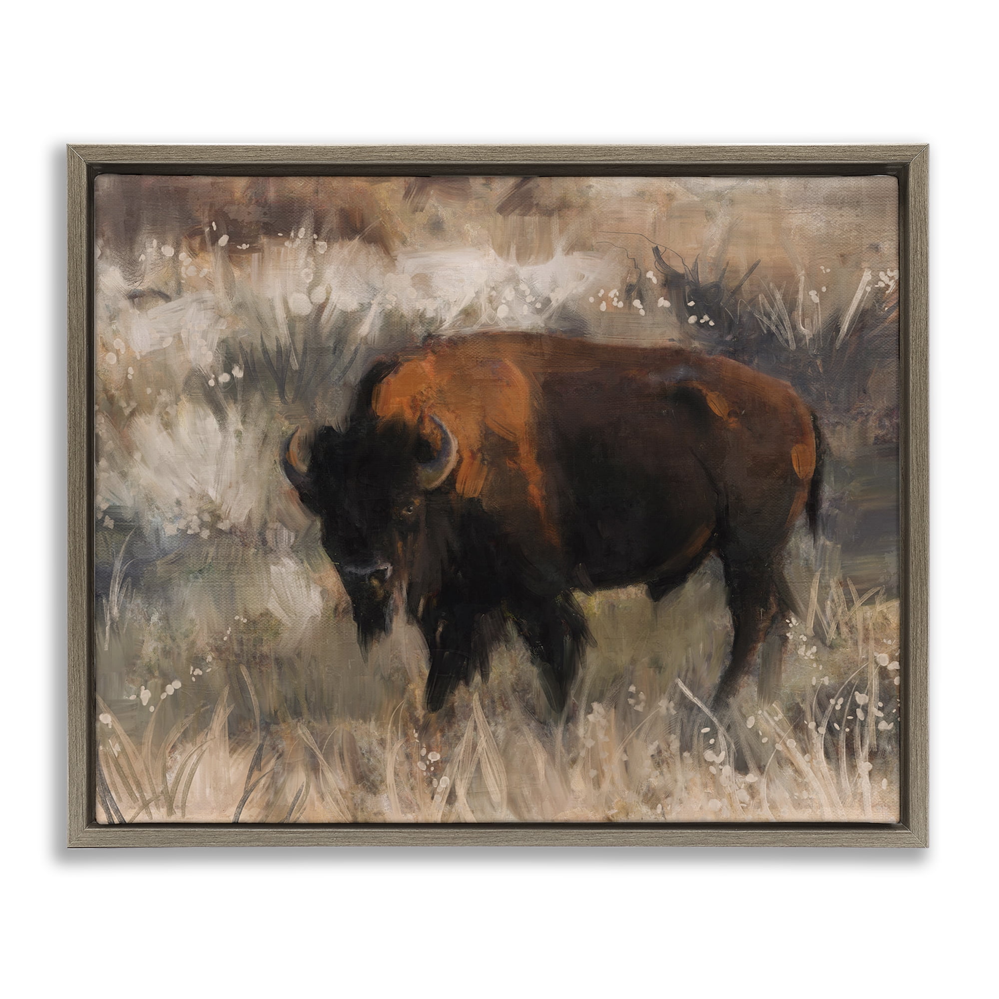 Stupell Industries Traditional Bison Range Animals & Insects Painting Brown Floater Framed Canvas Art Print Wall Art, 21 x 17