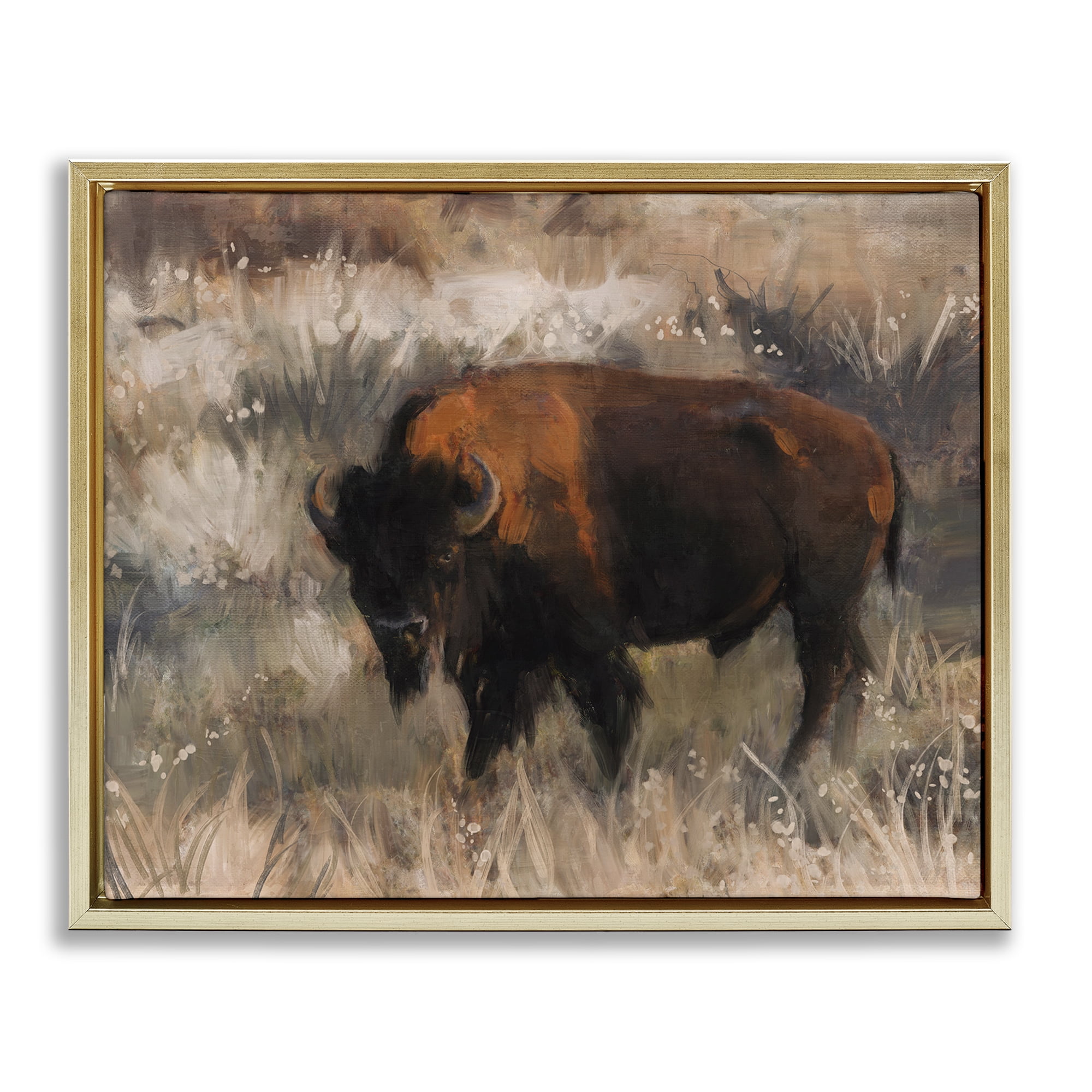 Stupell Industries Traditional Bison Range Animals & Insects Painting Gold Floater Framed Canvas Art Print Wall Art, 21 x 17