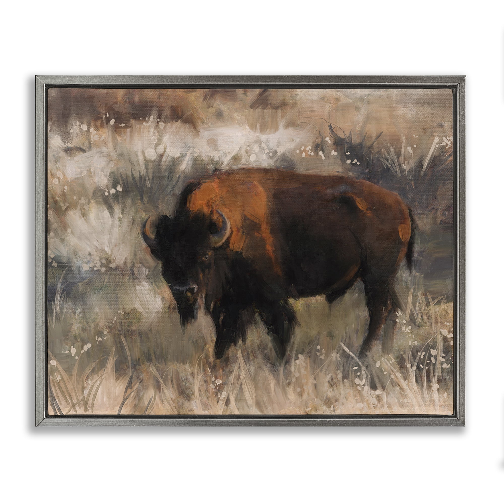 Stupell Industries Traditional Bison Range Animals & Insects Painting Gray Floater Framed Canvas Art Print Wall Art, 31 x 25