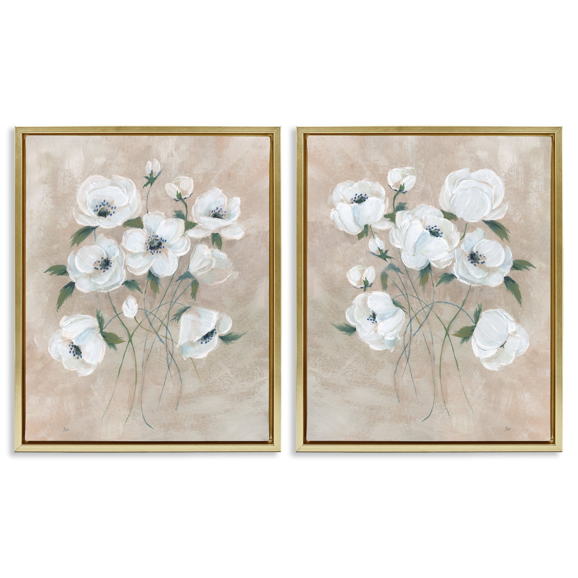 Stupell Industries Traditional Blossoms Bundle Plants & Flowers Painting Gold Floater Framed Canvas Art Print Wall Art, 31 x 25, Set of 2