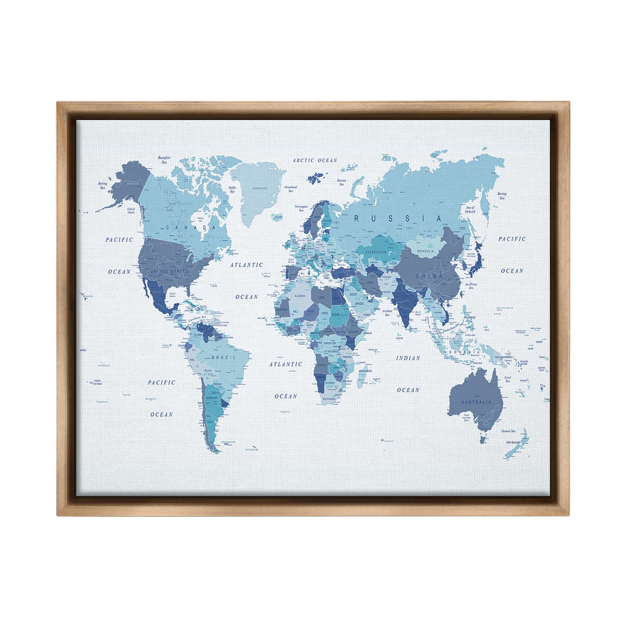 Stupell Industries Traditional Blue Map Town & City Painting Brown Floater Framed Canvas Art Print Wall Art, 31 x 25