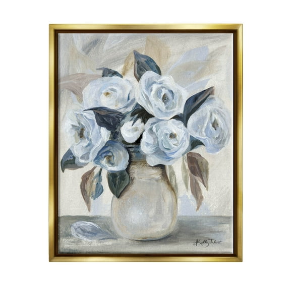 Stupell Industries Traditional Blue Rose Blossom Bouquet Painting Metallic Gold Floating Framed Canvas Print Wall Art, Design by Kelley Talent