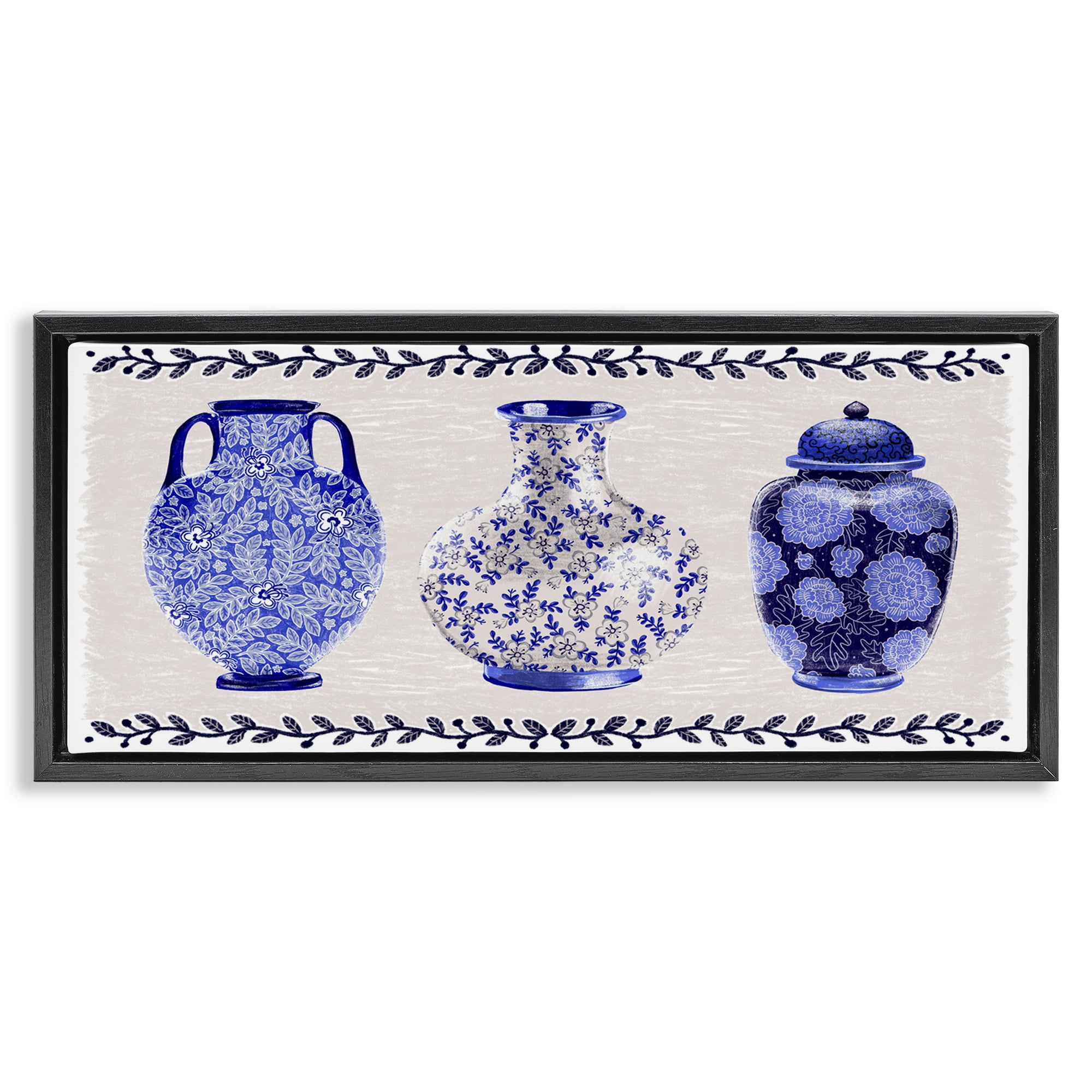 Stupell Industries Traditional Blue Vases Plants & Flowers Painting Black Floater Framed Canvas Art Print Wall Art, 31 x 14