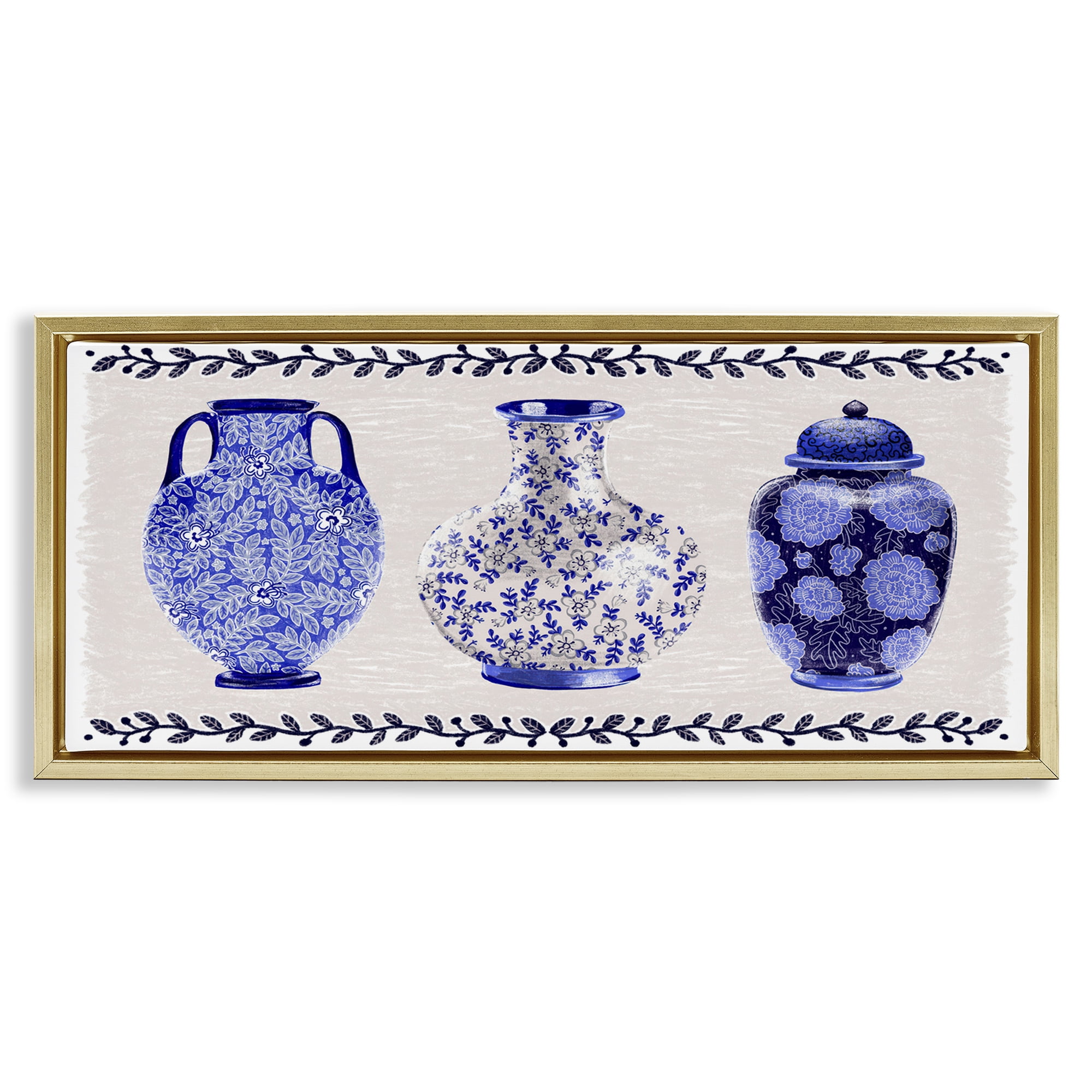Stupell Industries Traditional Blue Vases Plants & Flowers Painting Gold Floater Framed Canvas Art Print Wall Art, 25 x 11