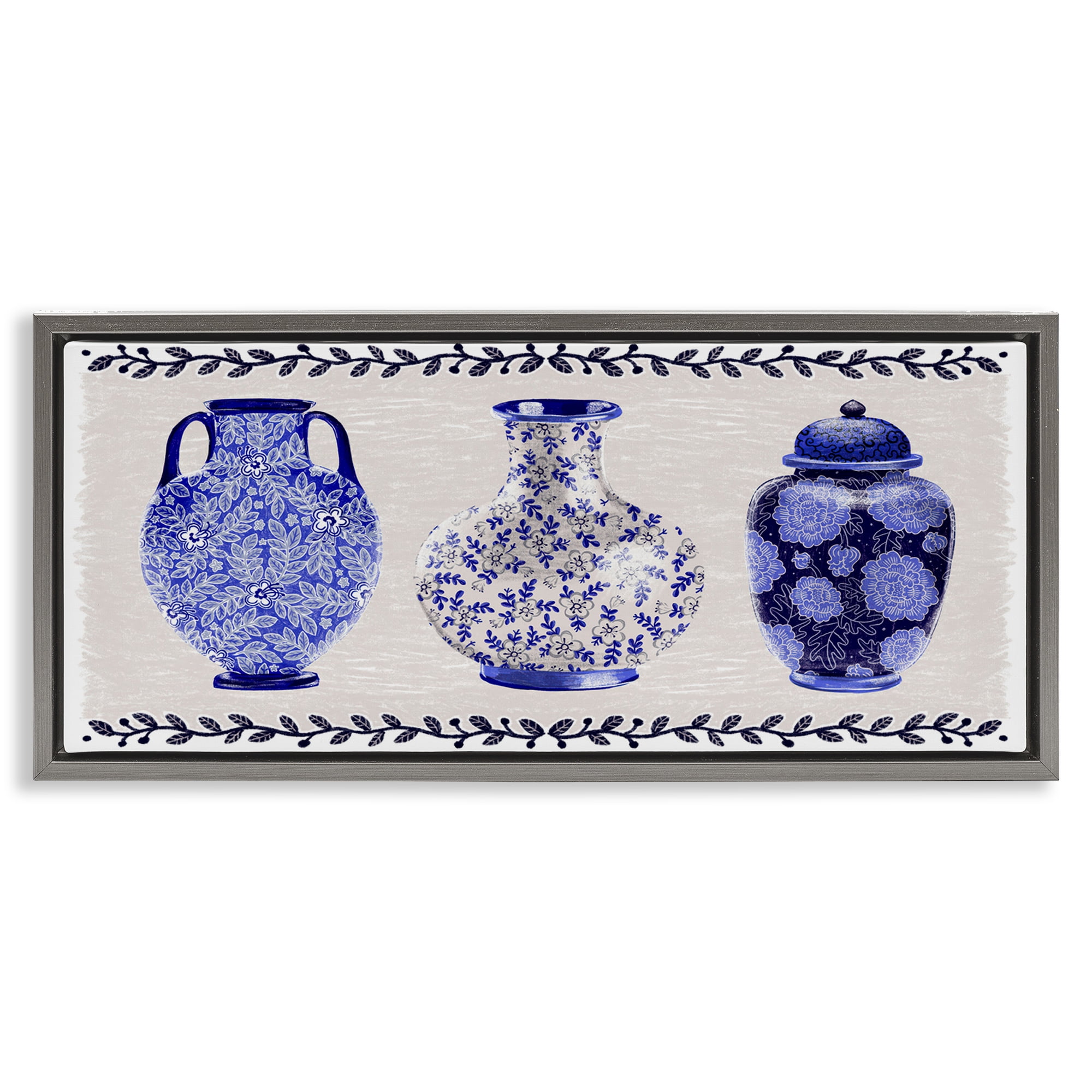 Stupell Industries Traditional Blue Vases Plants & Flowers Painting Gray Floater Framed Canvas Art Print Wall Art, 31 x 14