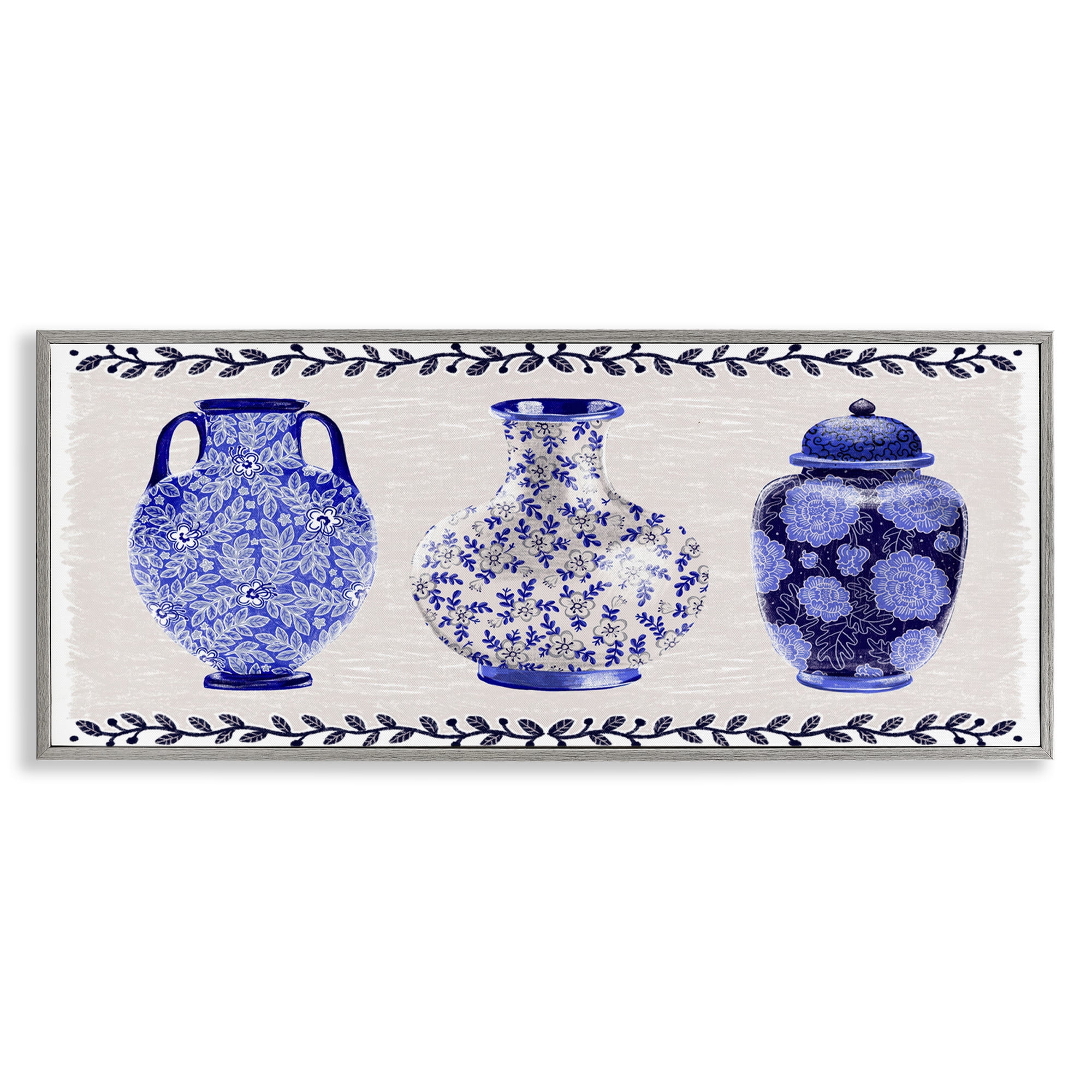 Stupell Industries Traditional Blue Vases Plants & Flowers Painting Gray Framed Art Print Wall Art, 24 x 10