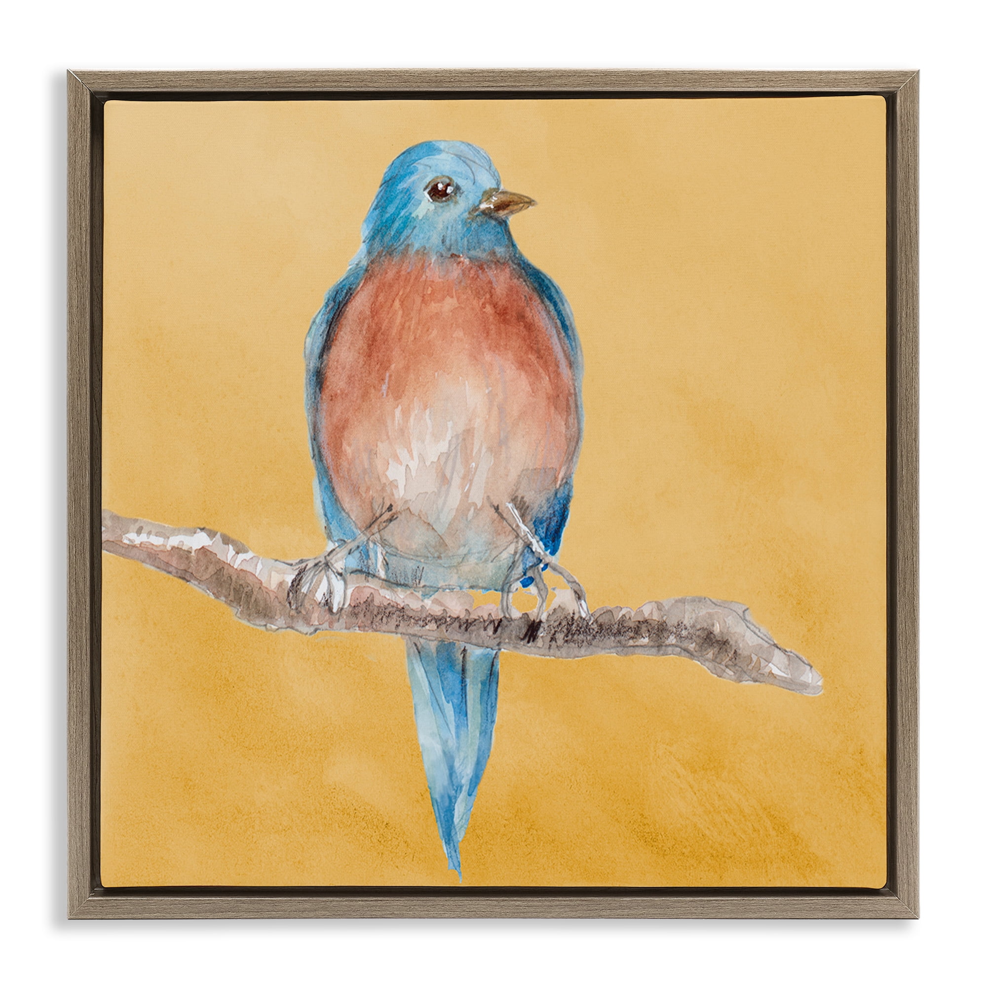 Stupell Industries Traditional Bluebird Perched Animals & Insects Painting Brown Floater Framed Canvas Art Print Wall Art, 25 x 25