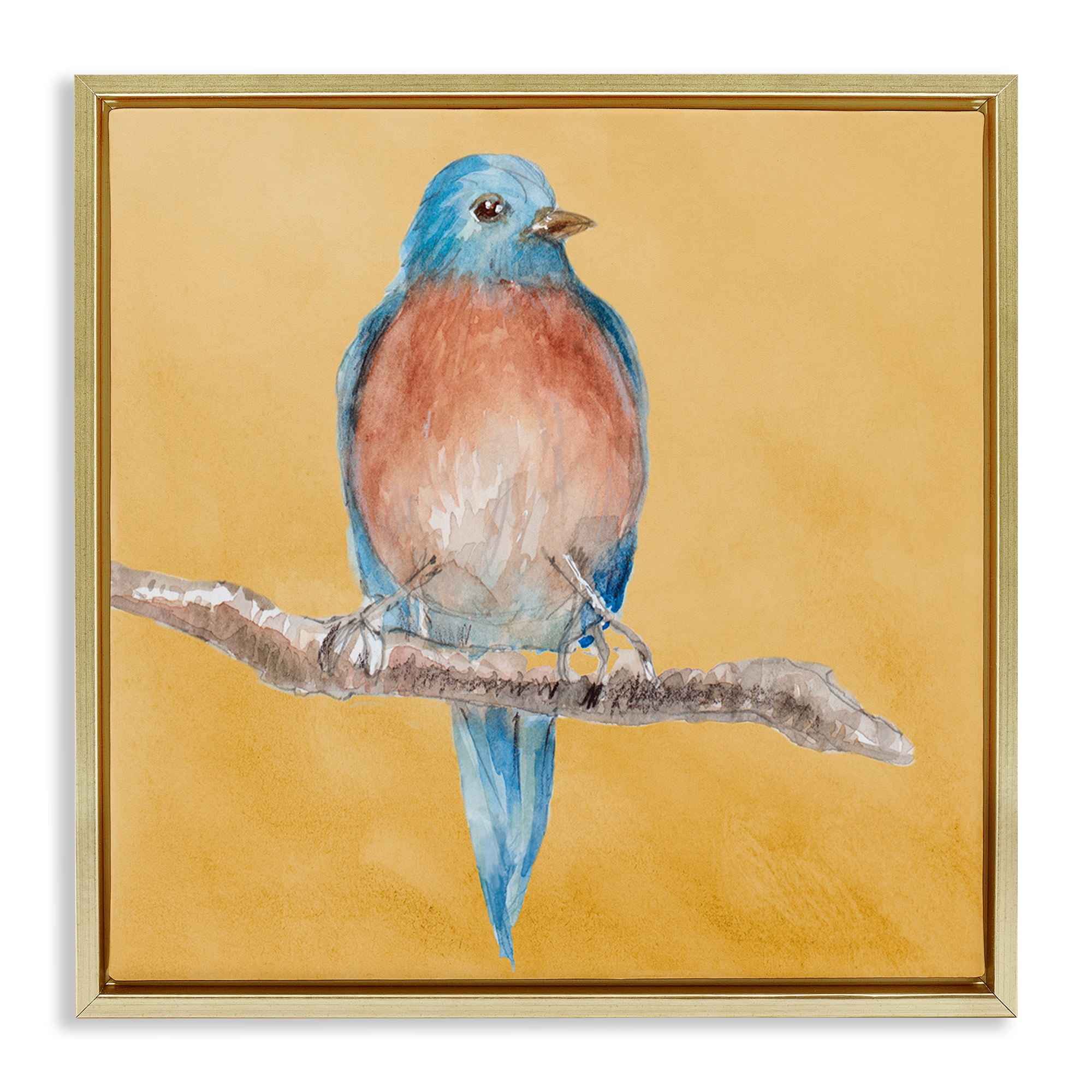 Stupell Industries Traditional Bluebird Perched Animals & Insects Painting Gold Floater Framed Canvas Art Print Wall Art, 18 x 18