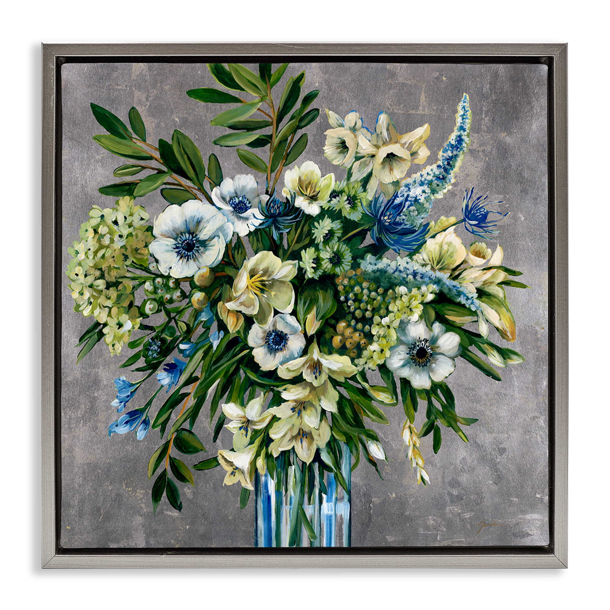 Stupell Industries Traditional Bouquet of Flowers Plants & Flowers Painting Gray Floater Framed Canvas Art Print Wall Art, 25 x 25