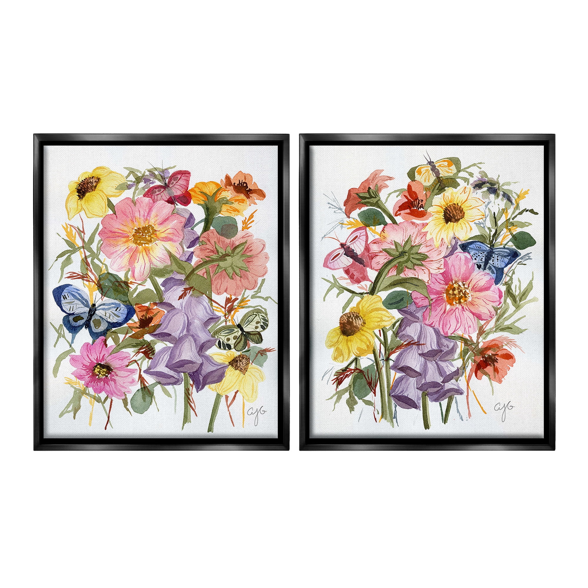 Stupell Industries Traditional Butterflies & Florals Botanical & Floral Painting Black Floater Framed Canvas Art Print Wall Art, 25 x 31, Set of 2